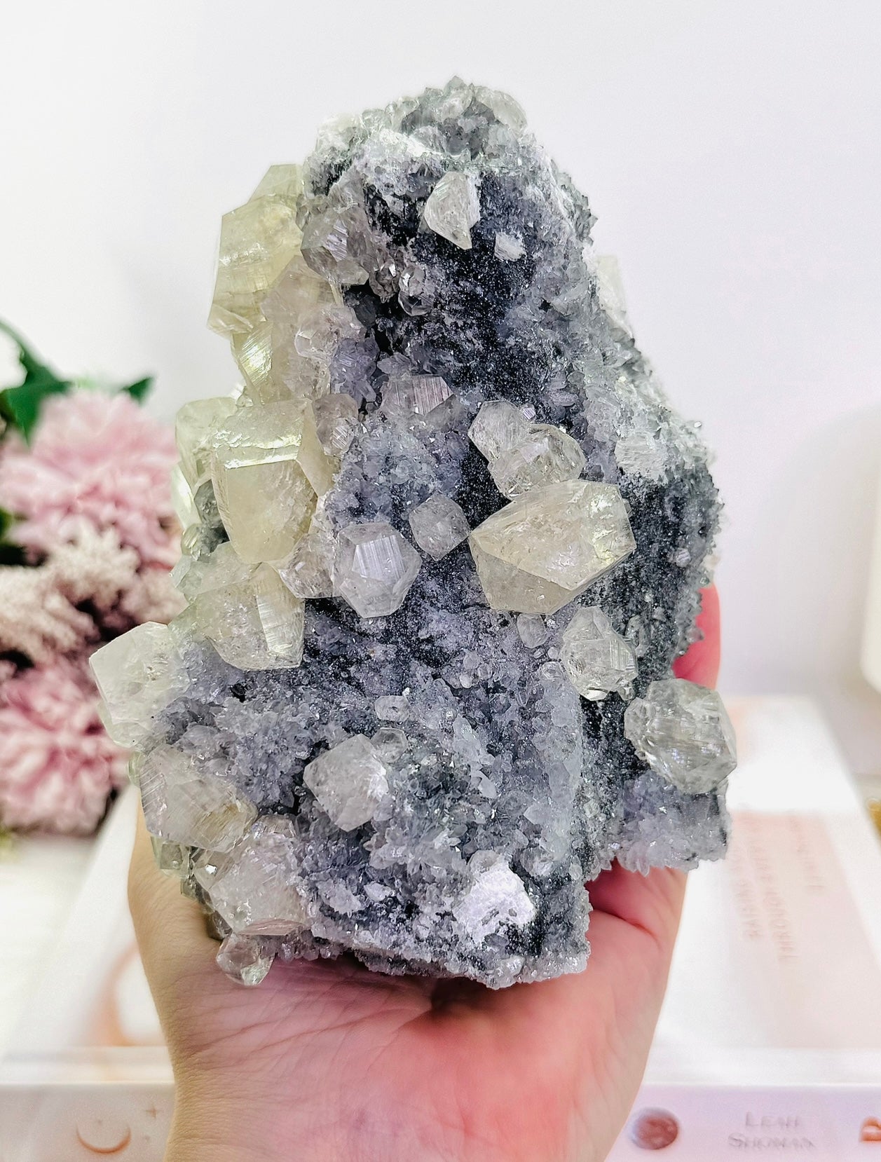 Natural Gorgeous Large Calcite Cluster 20cm On Timber Stand (UV Reactive) 1.86KG