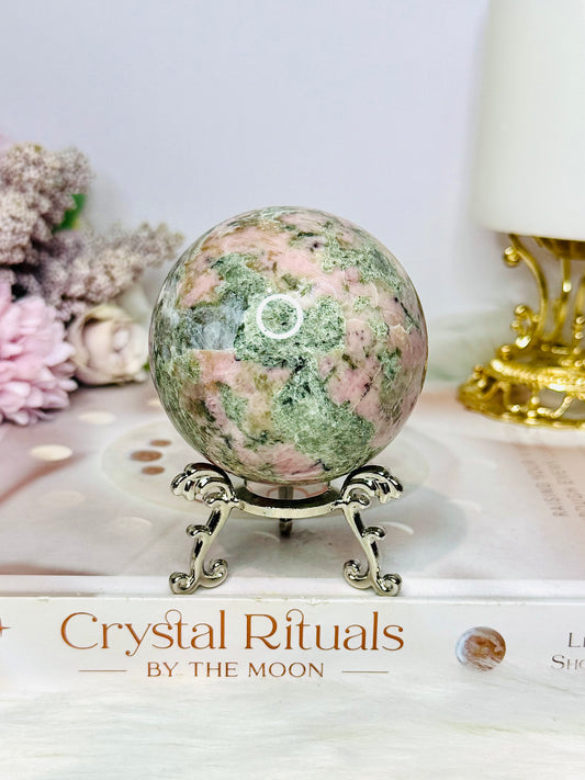 Pink Opal X Green Tourmaline Sphere on Stand 377g