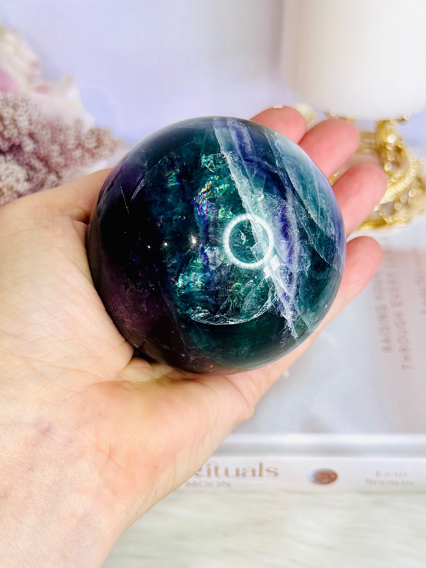 Incredibly Stunning Large 598gram Rainbow Fluorite Sphere On Stand with Amazing Rainbows