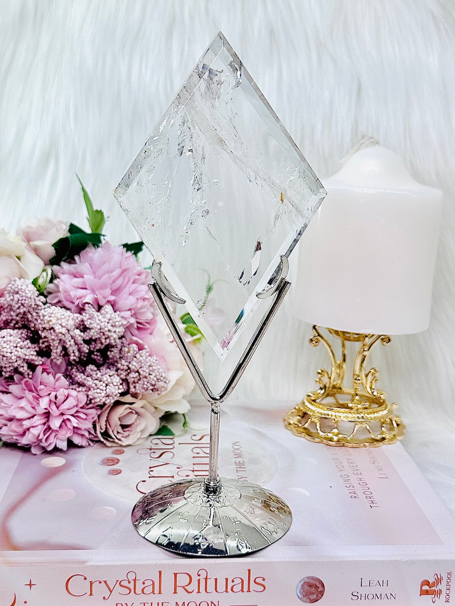 A Master Healer ~ Classy & Fabulous Large 20cm High Grade Clear Quartz Diamond | Rhombus On Silver Stand