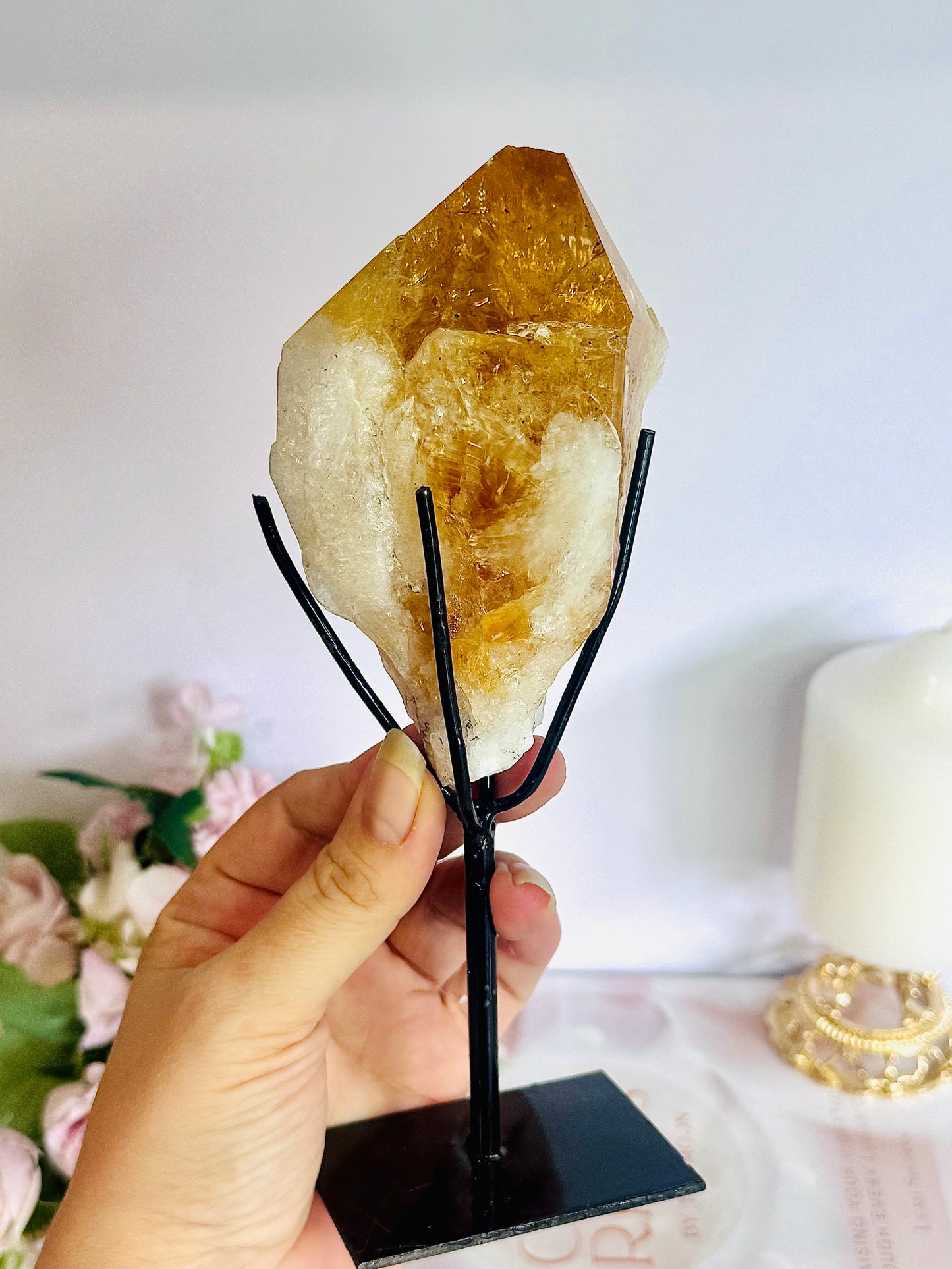 Incredible Large Citrine Freeform Full Of Rainbows On Custom Stand (Heat Treated)