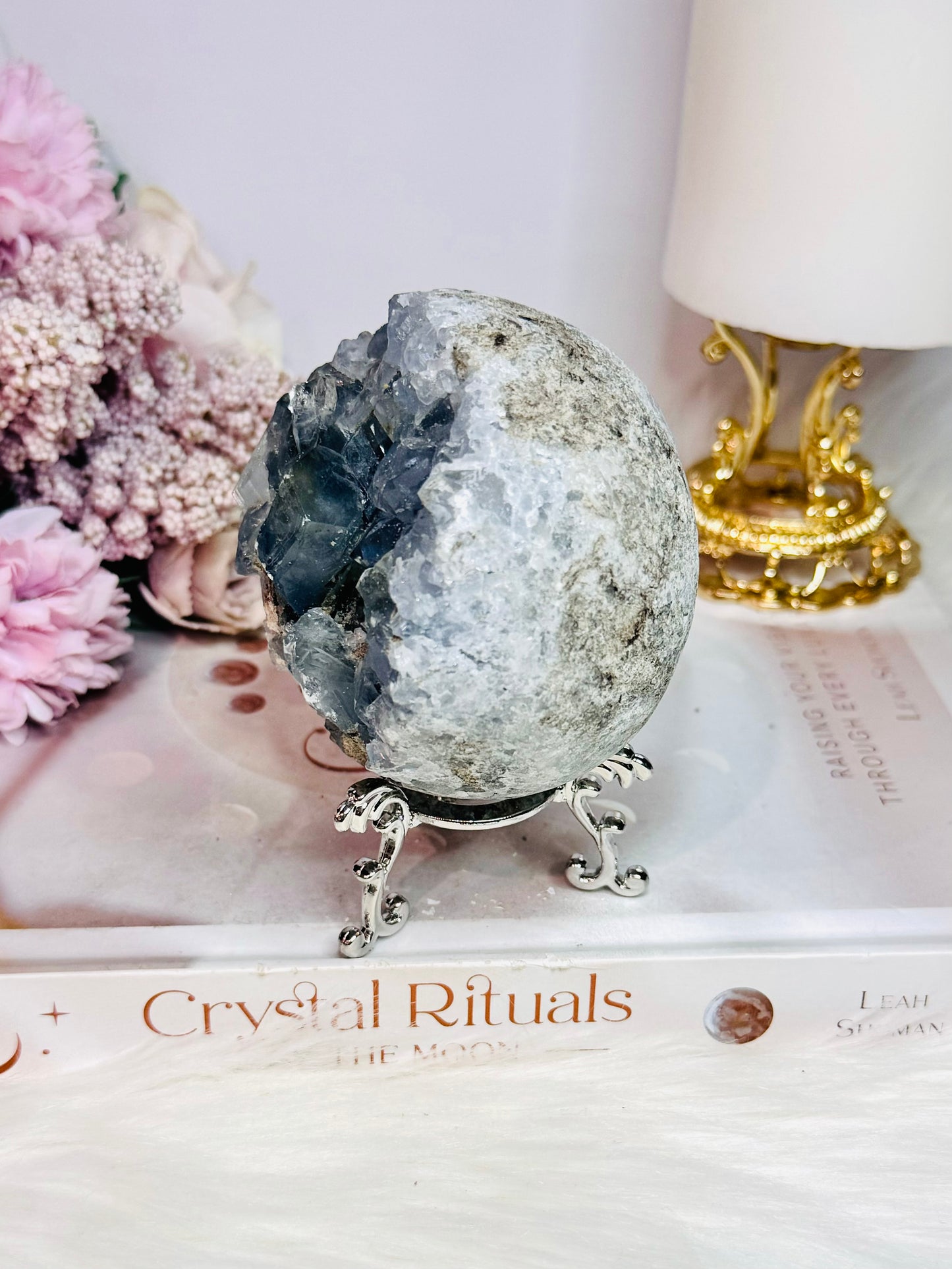 Blue Celestite Large Chunky Natural Druzy Sphere On Stand 648grams