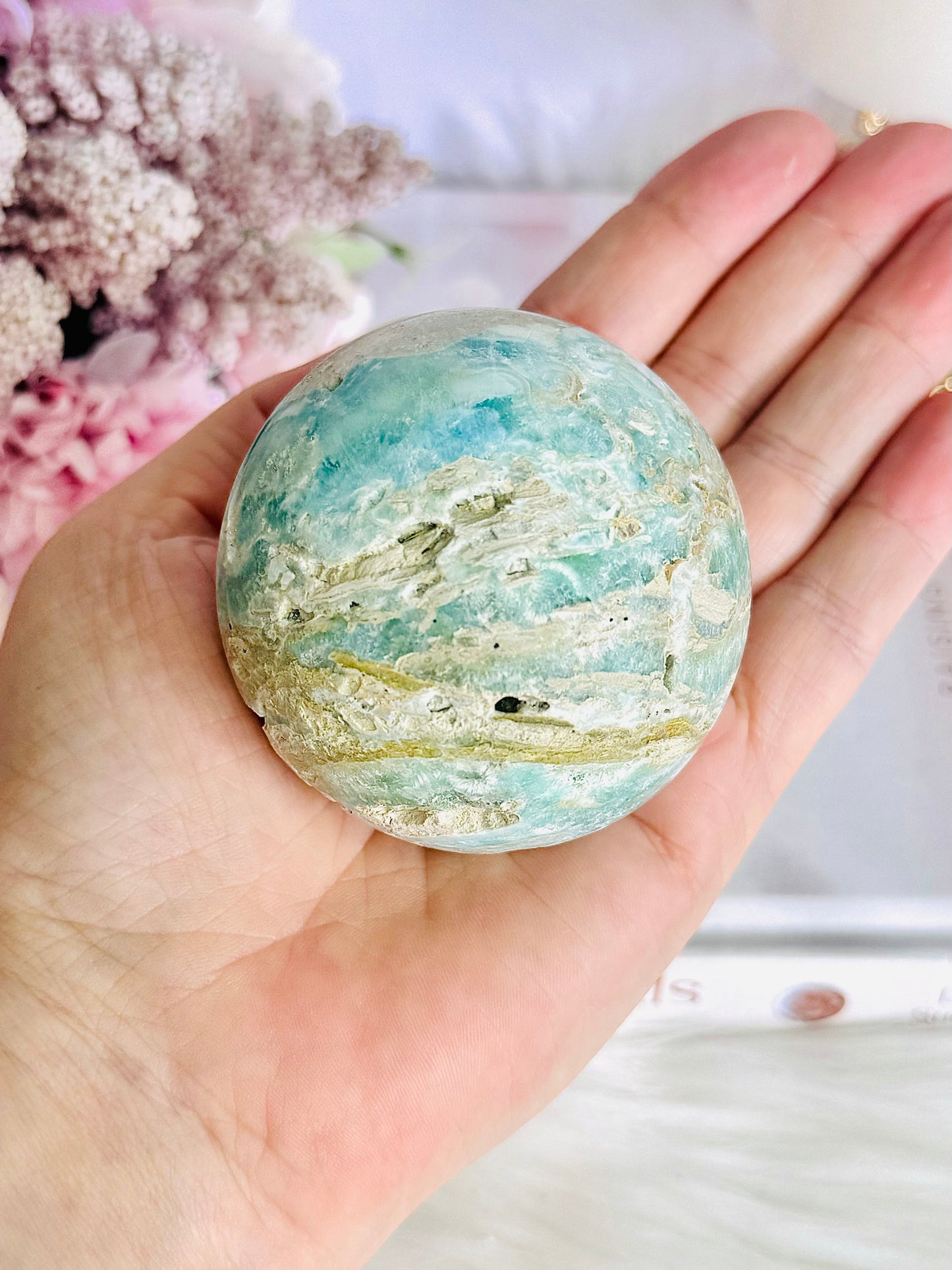 Beautiful Natural Blue Caribbean Calcite Sphere On Stand 304grams