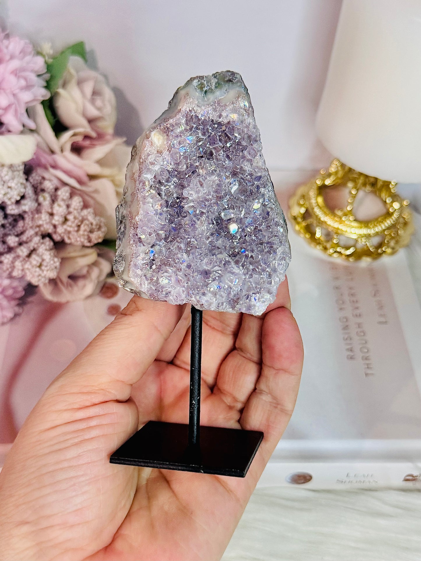 Absolutely Beautiful Angel Aura Amethyst Cluster On Stand From Brazil 12cm