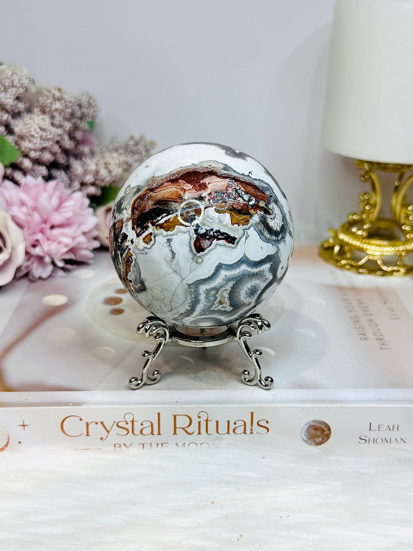 Large Mexican Crazy Lace Agate Druzy Sphere On Stand 425g
