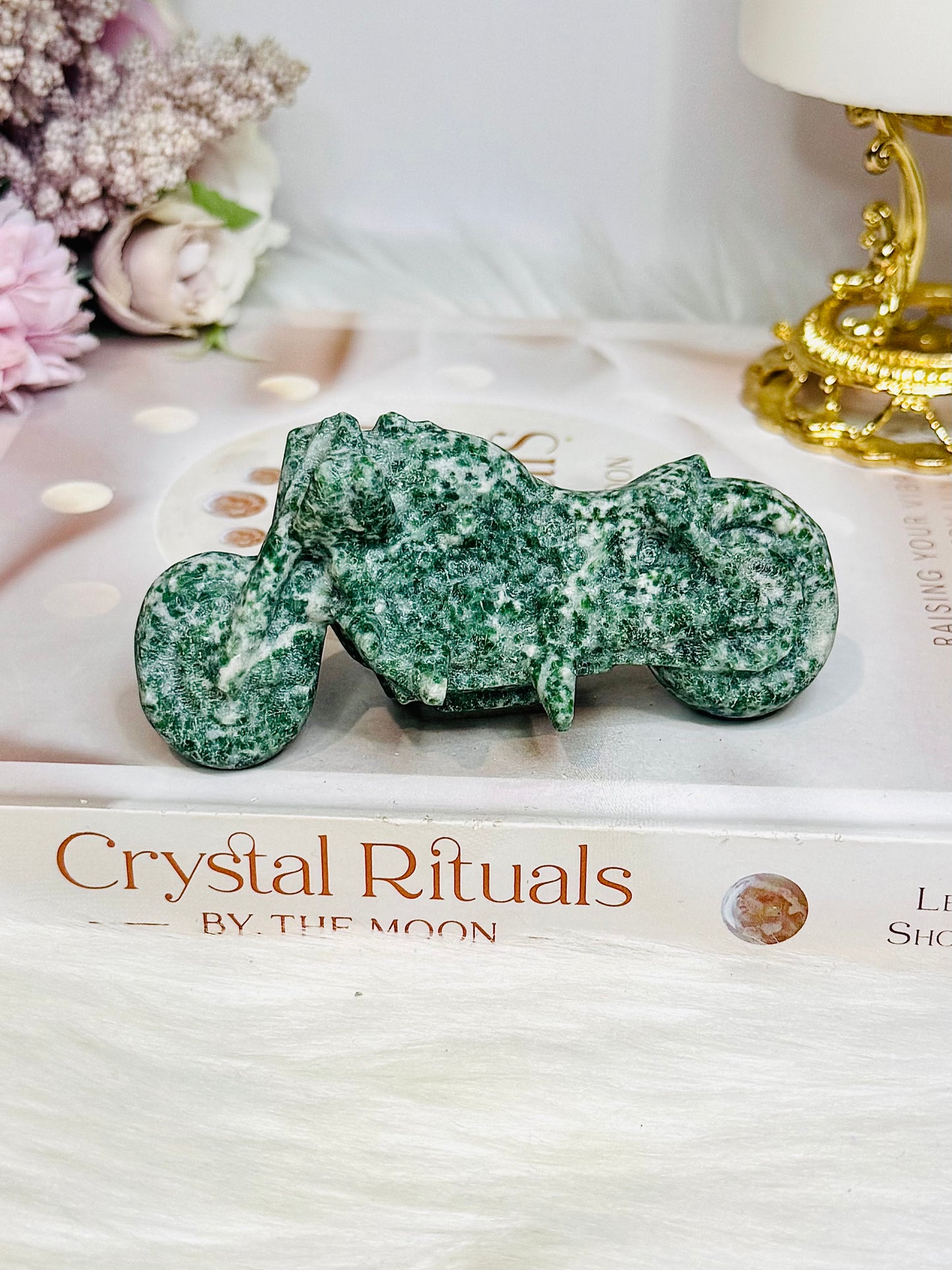 Moss Agate Carved Motorbike 9.5cm