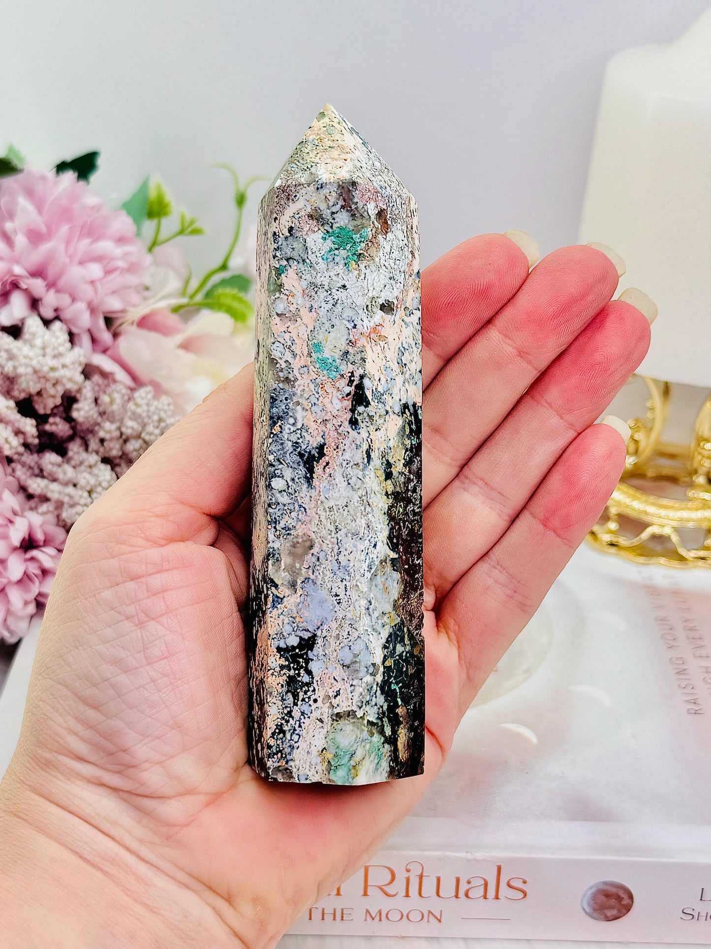 Ocean Opal Tower 13cm with Malachite Inclusions From Madagascar