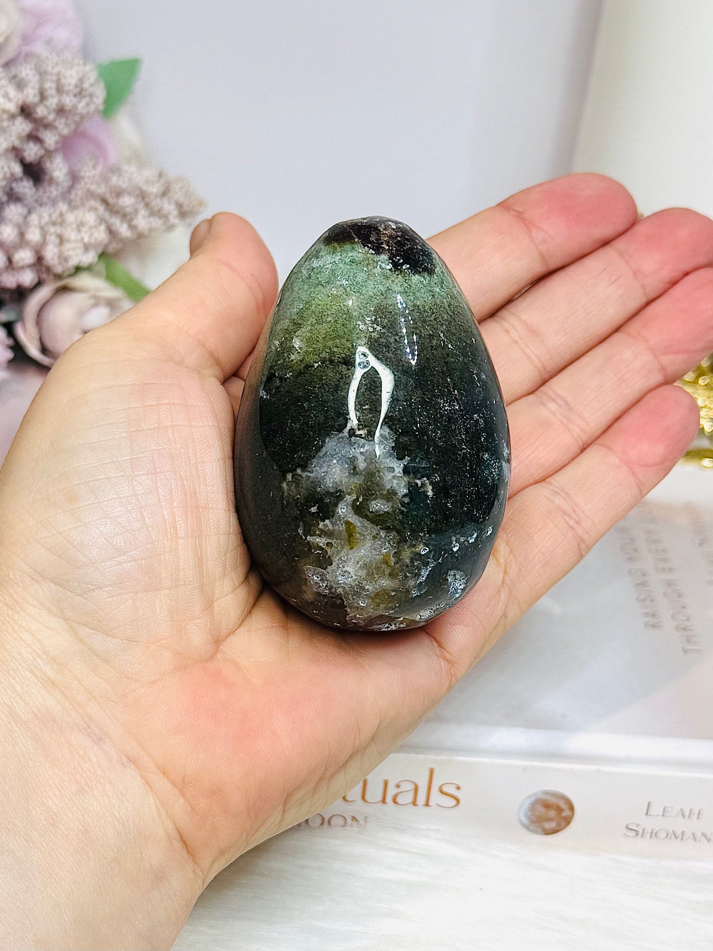 Moss Agate Egg On Stand 7cm