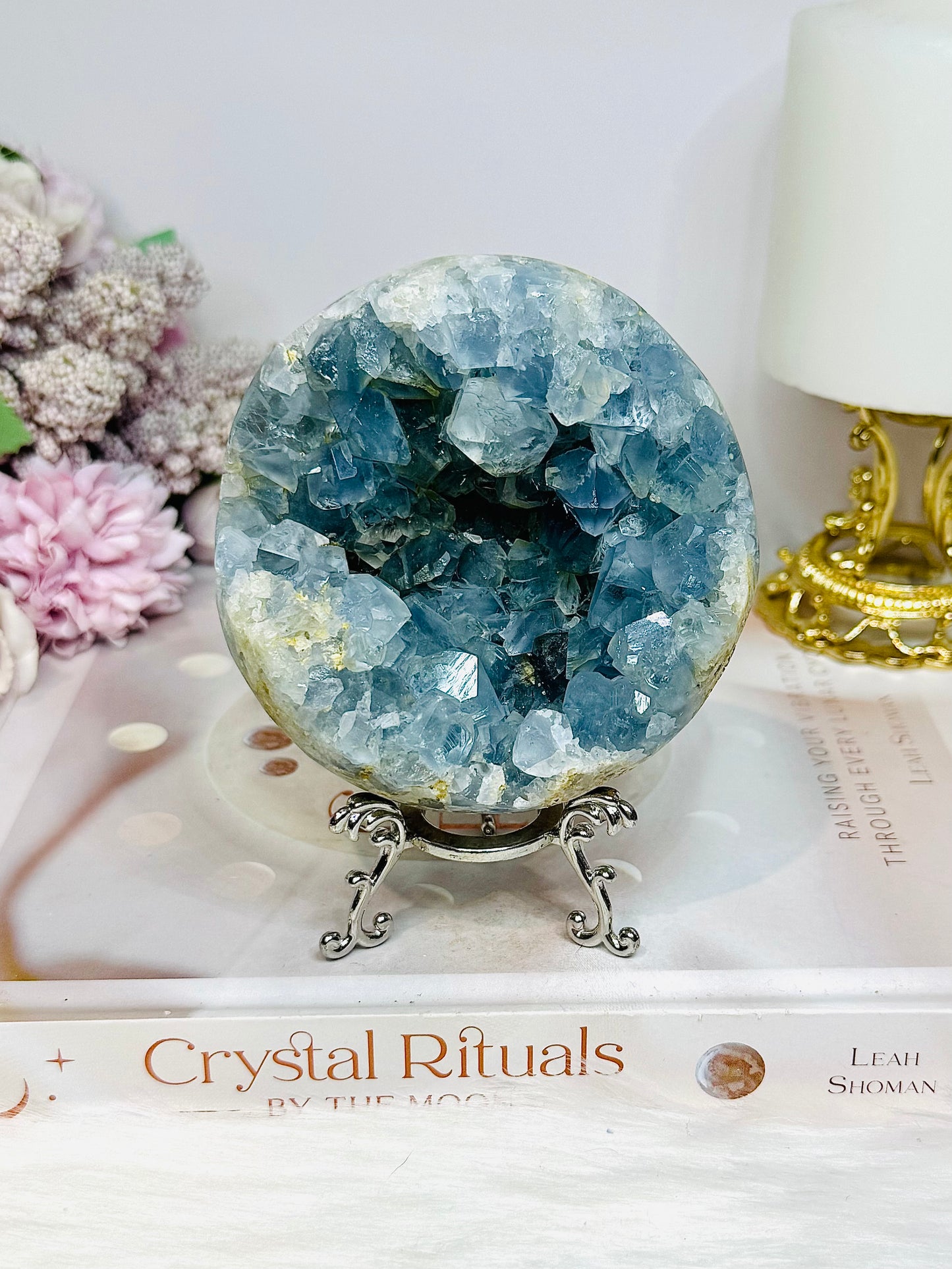 Large Blue Celestite Cluster on Stand 758g