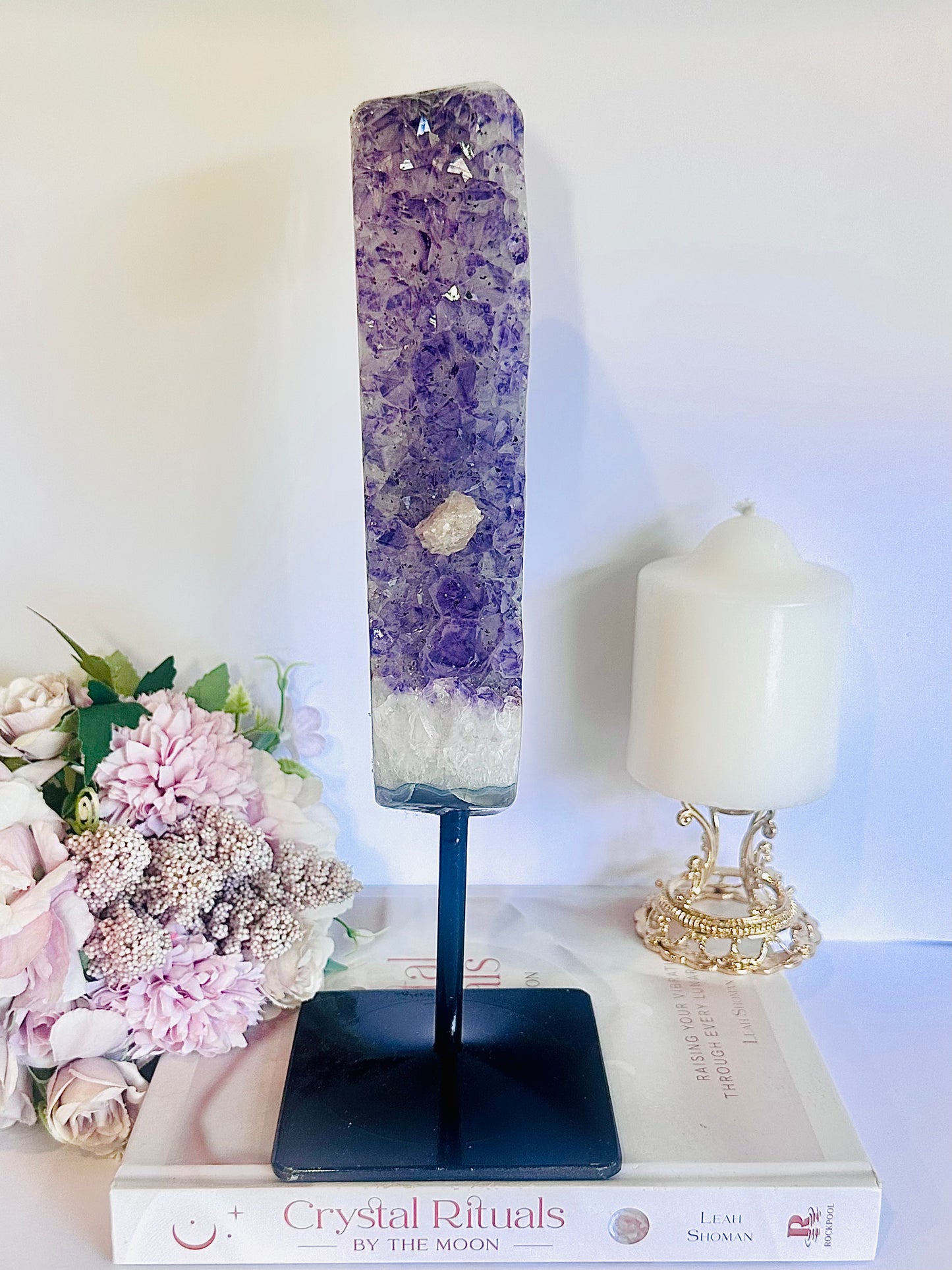 ⚜️ SALE ⚜️ Wow!! Classy & Fabulous Huge 30cm 1.4KG Druzy Amethyst Cluster with Calcite Inclusions On Black Stand From Brazil