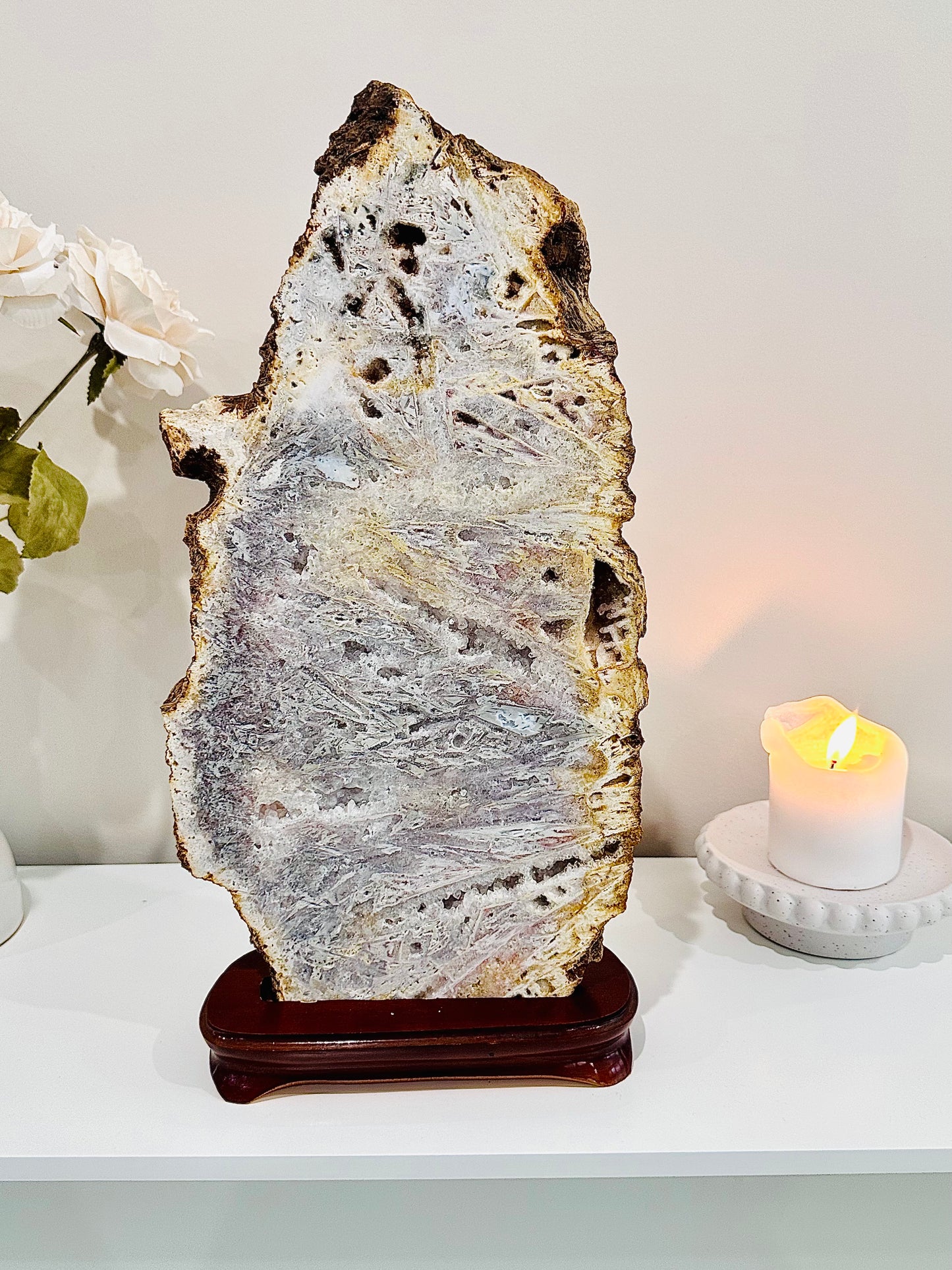 Classy & Fabulous ~ The Most Stunning Huge 46cm 4.5KG Druzy Pink Amethyst Slab | Platter Full of Crystallisation & Rutile Formation Absolutely Stunning (Timber stand is removable)