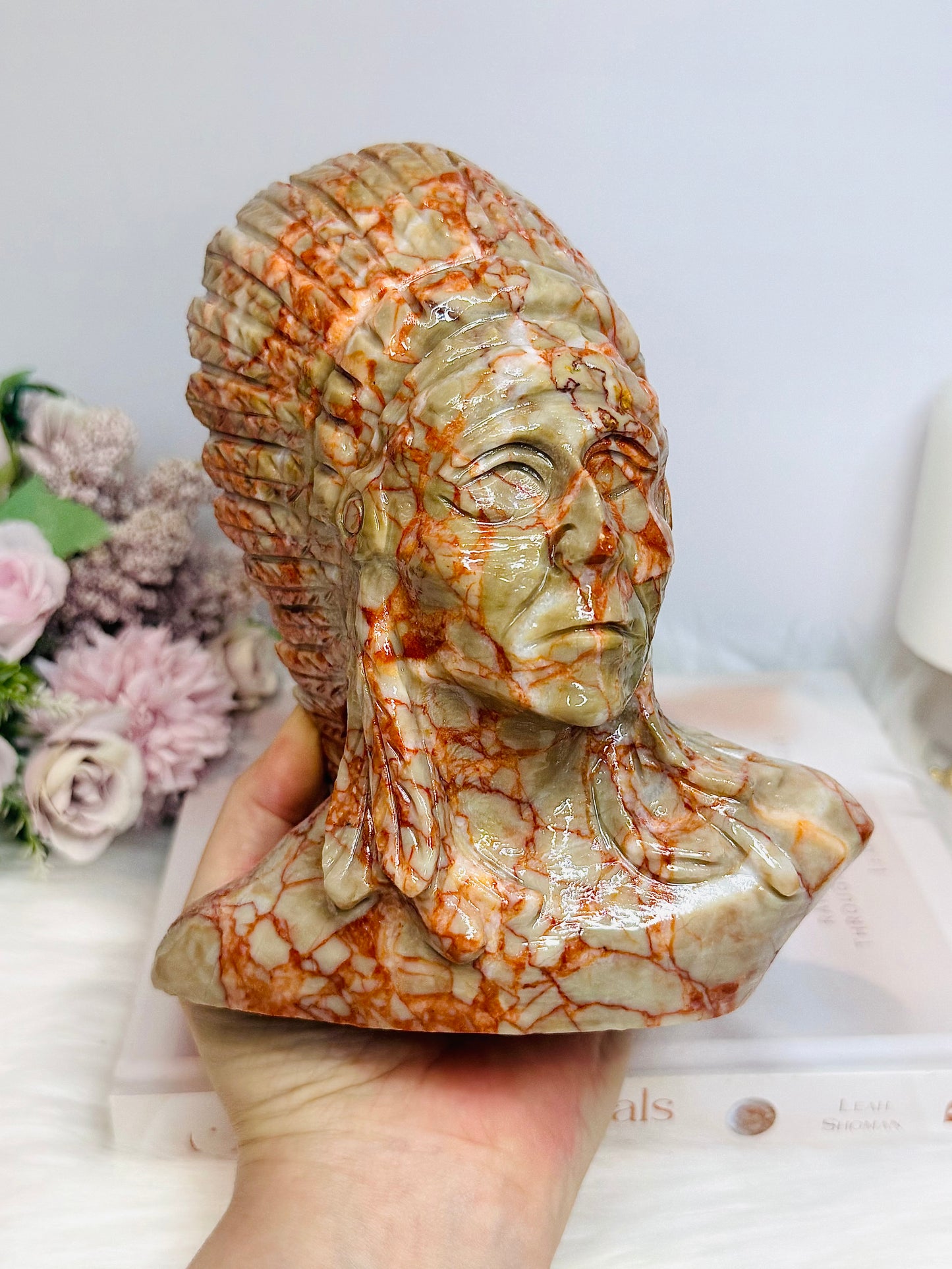 Large Red Vein Jasper Carved American Indian Chief 17cm 1.65KG