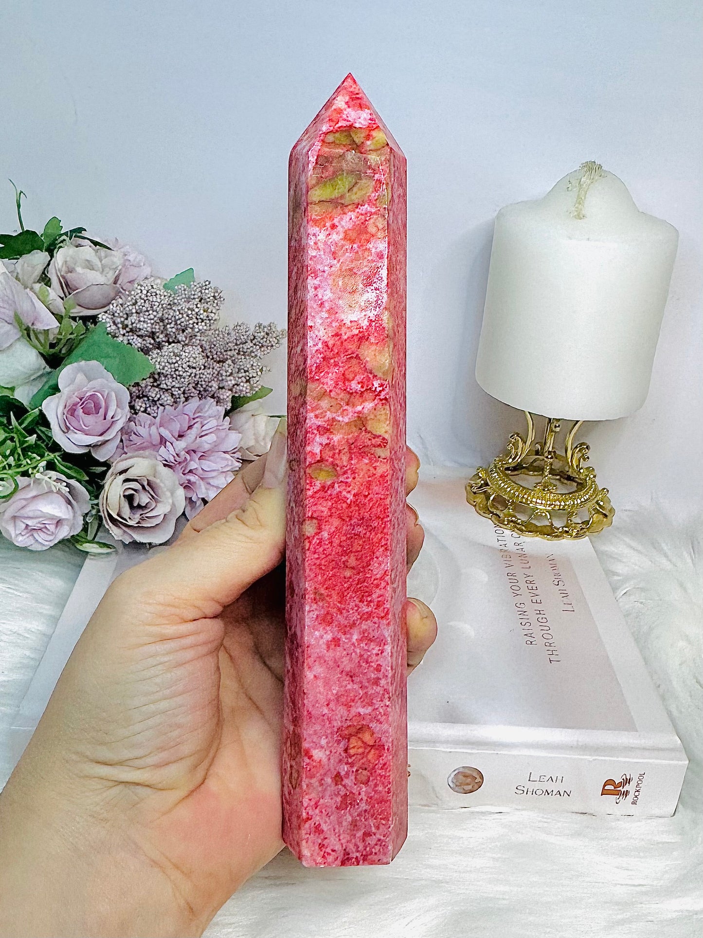 Rare Large Thulite Tower with Epidote Inclusions 20cm (Rich in colour)