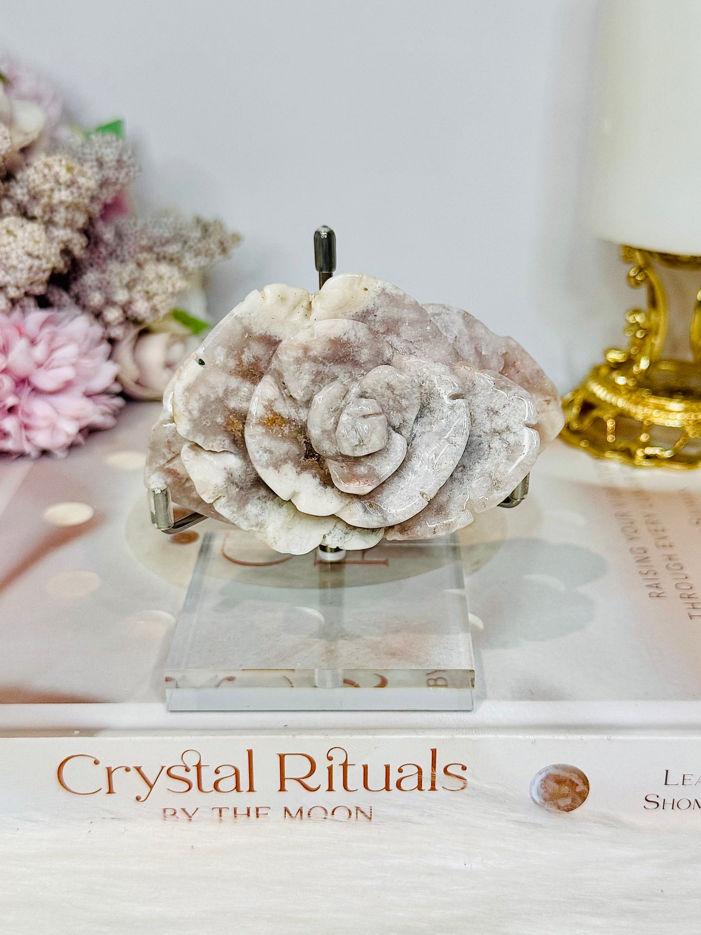 Flower Agate Carved Rose on Stand 8.5cm