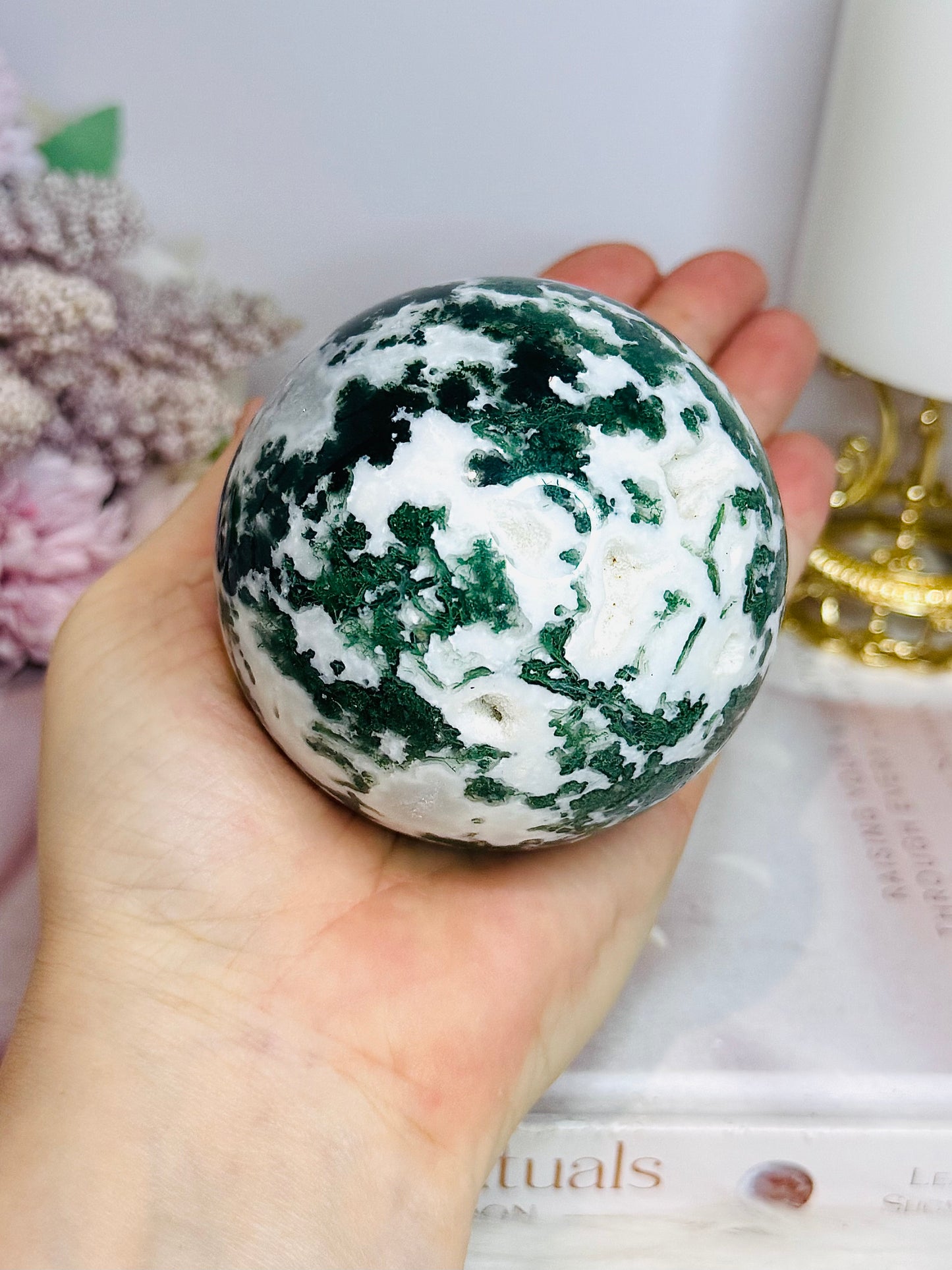 Large Druzy Moss Agate Sphere on Stand 515g