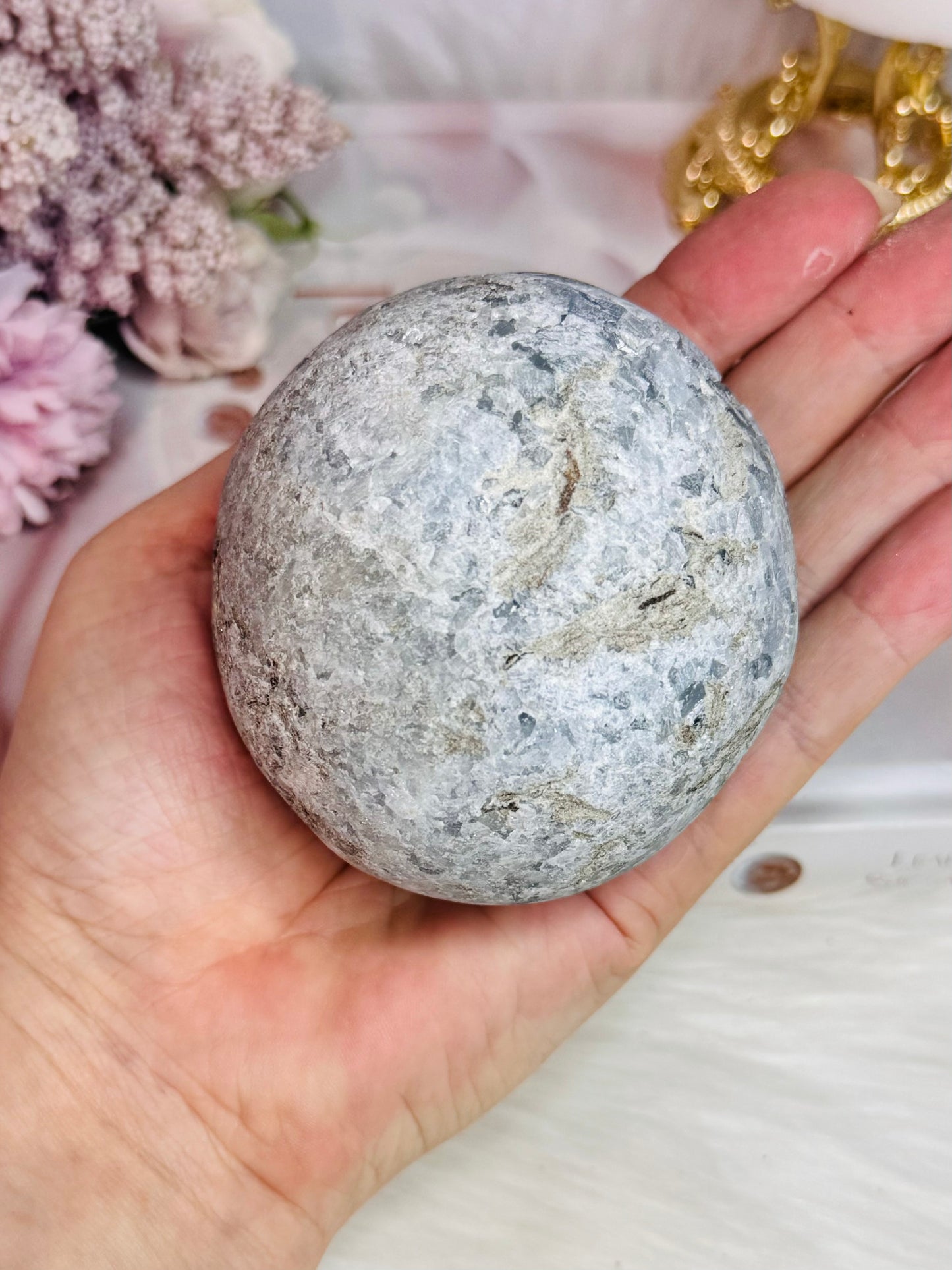 Blue Celestite Large Chunky Natural Druzy Sphere On Stand 648grams