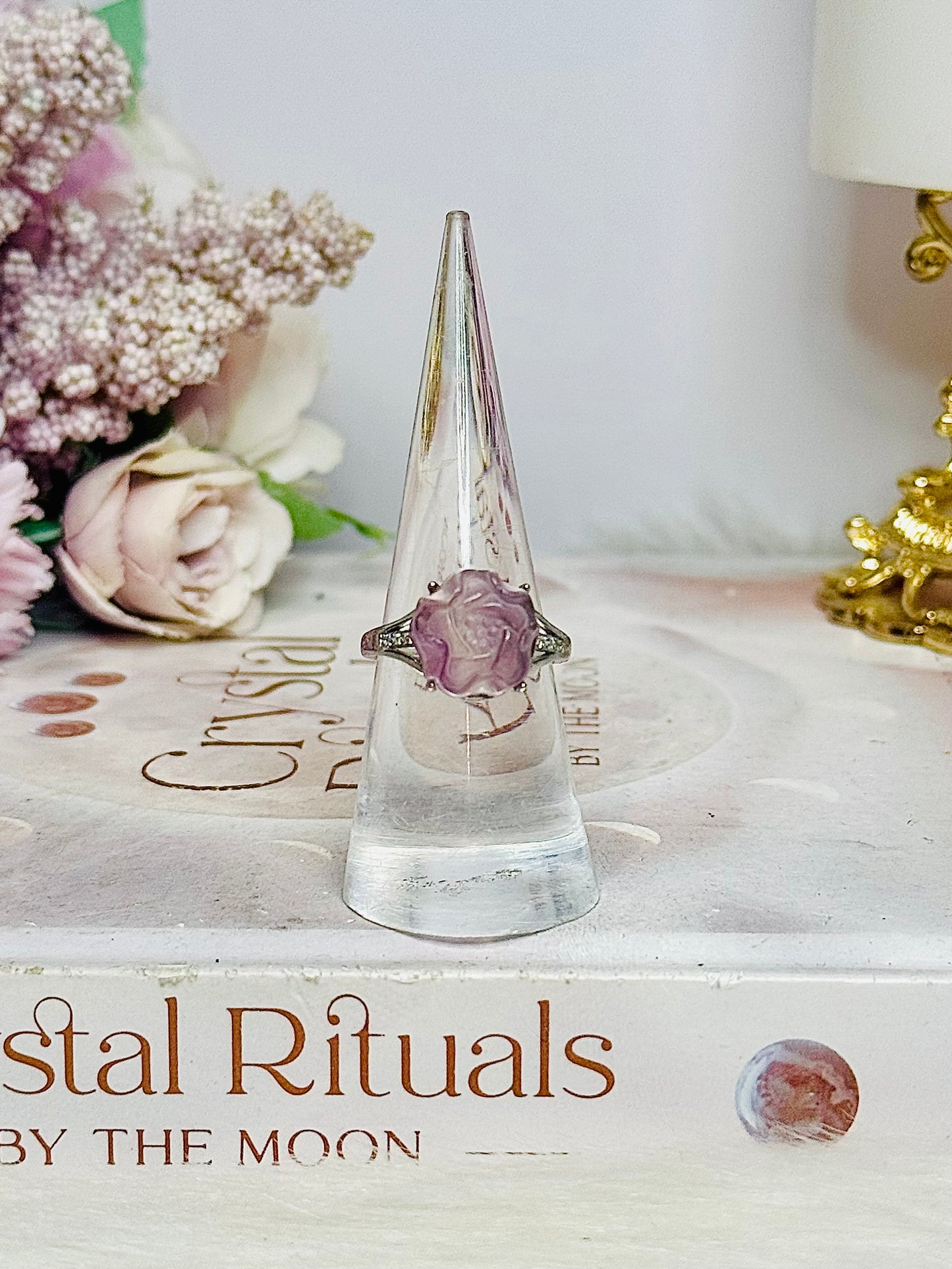 Purple Fluorite Rose Carved Adjustable Ring in Gift Bag