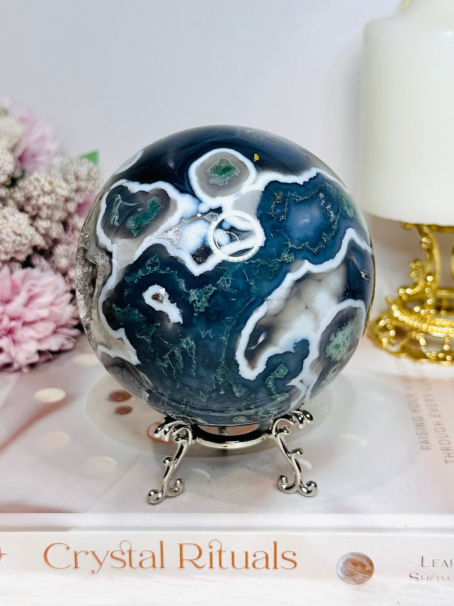 High Grade Druzy Moss Agate Sphere on Stand 1.09KG