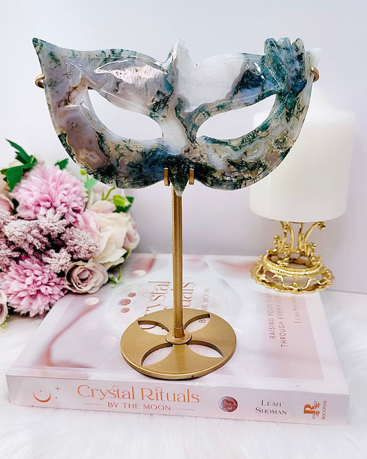 Classy & Absolutely Fabulous Large Moss Agate Carved Mask On Gold Stand 20cm Tall