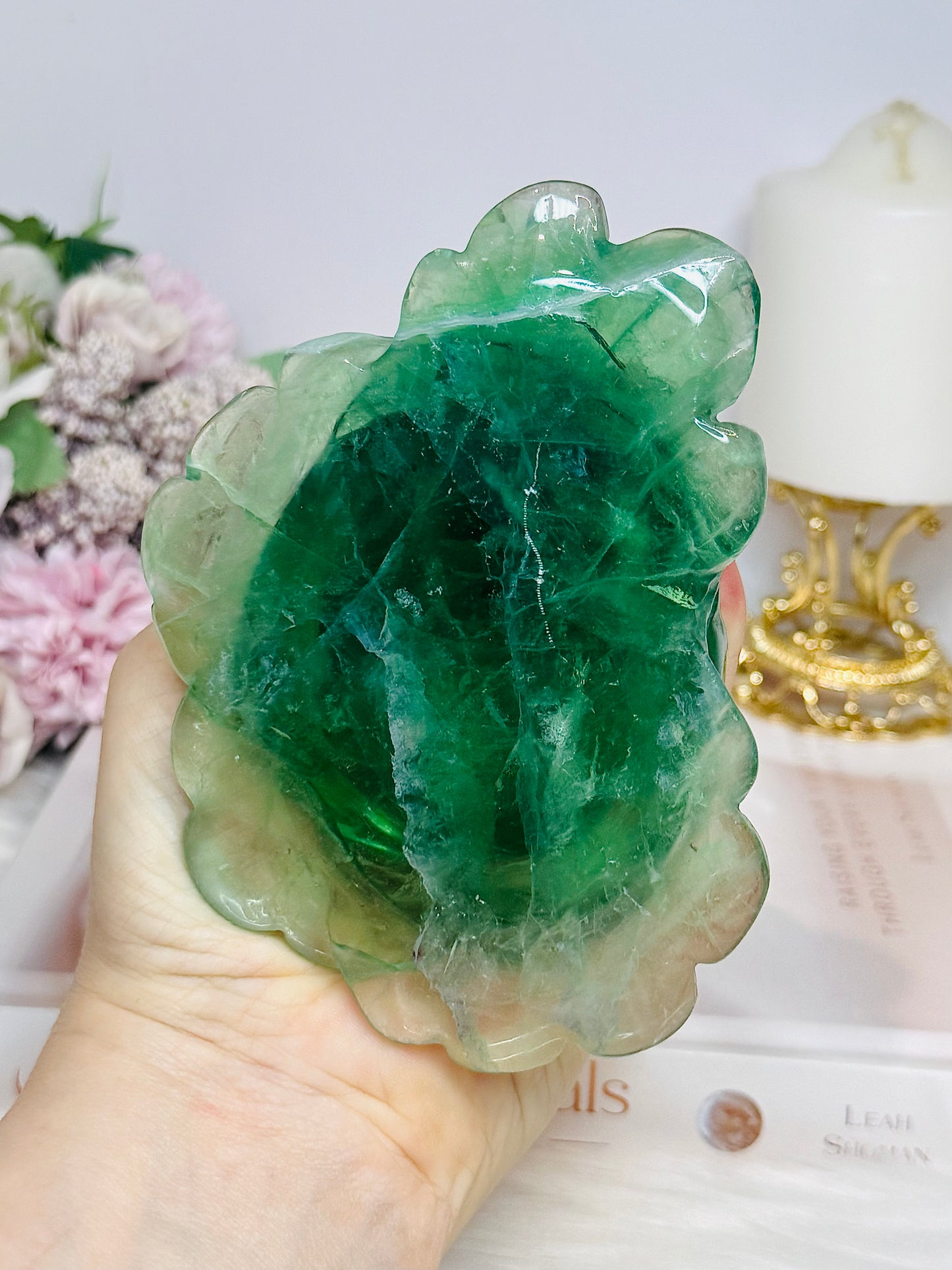 Large Green Fluorite Carved Flower 13cm