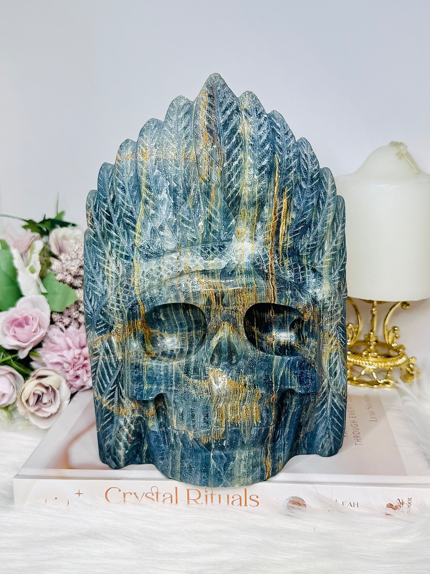 Large Natural Blue Onyx Carved Skull with Feather Headdress 19.5cm