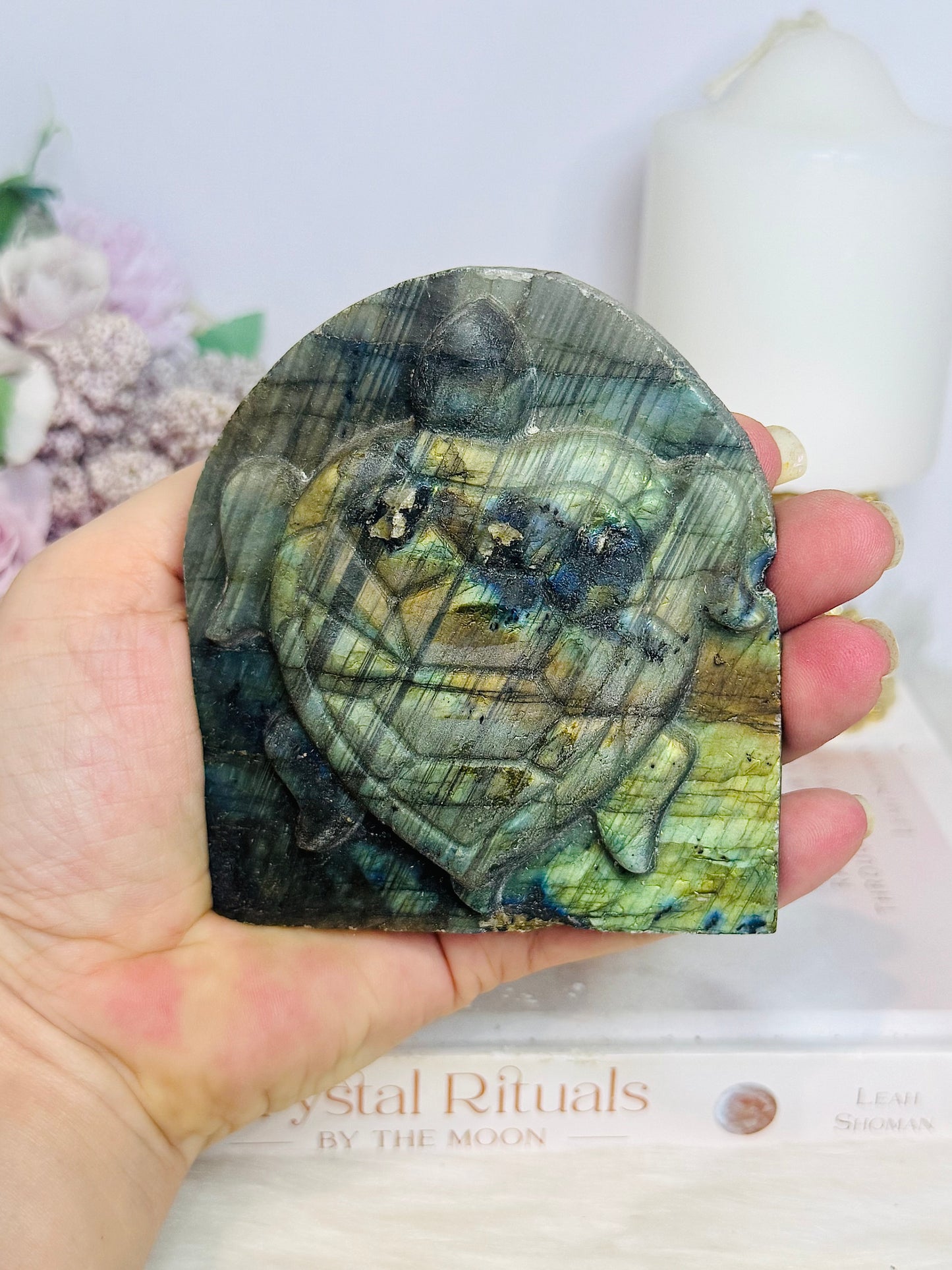 Labradorite Carved Turtle on Slab 9.5cm