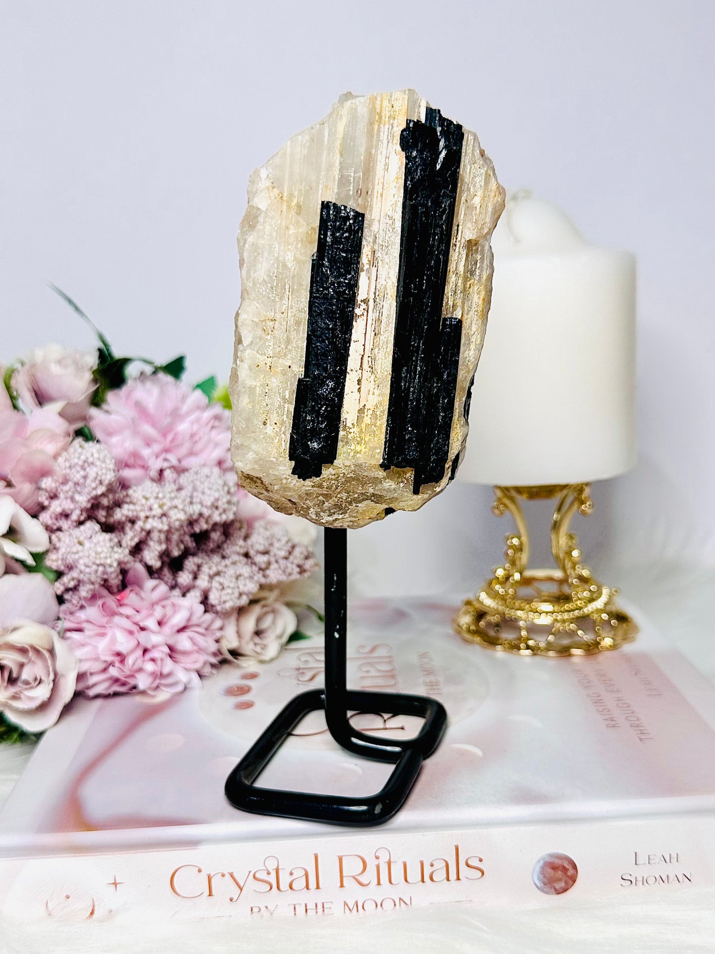 A Protective Stone ~ Gorgeous Large 18cm Natural Black Tourmaline In Quartz Specimen 629gram On Stand From Brazil