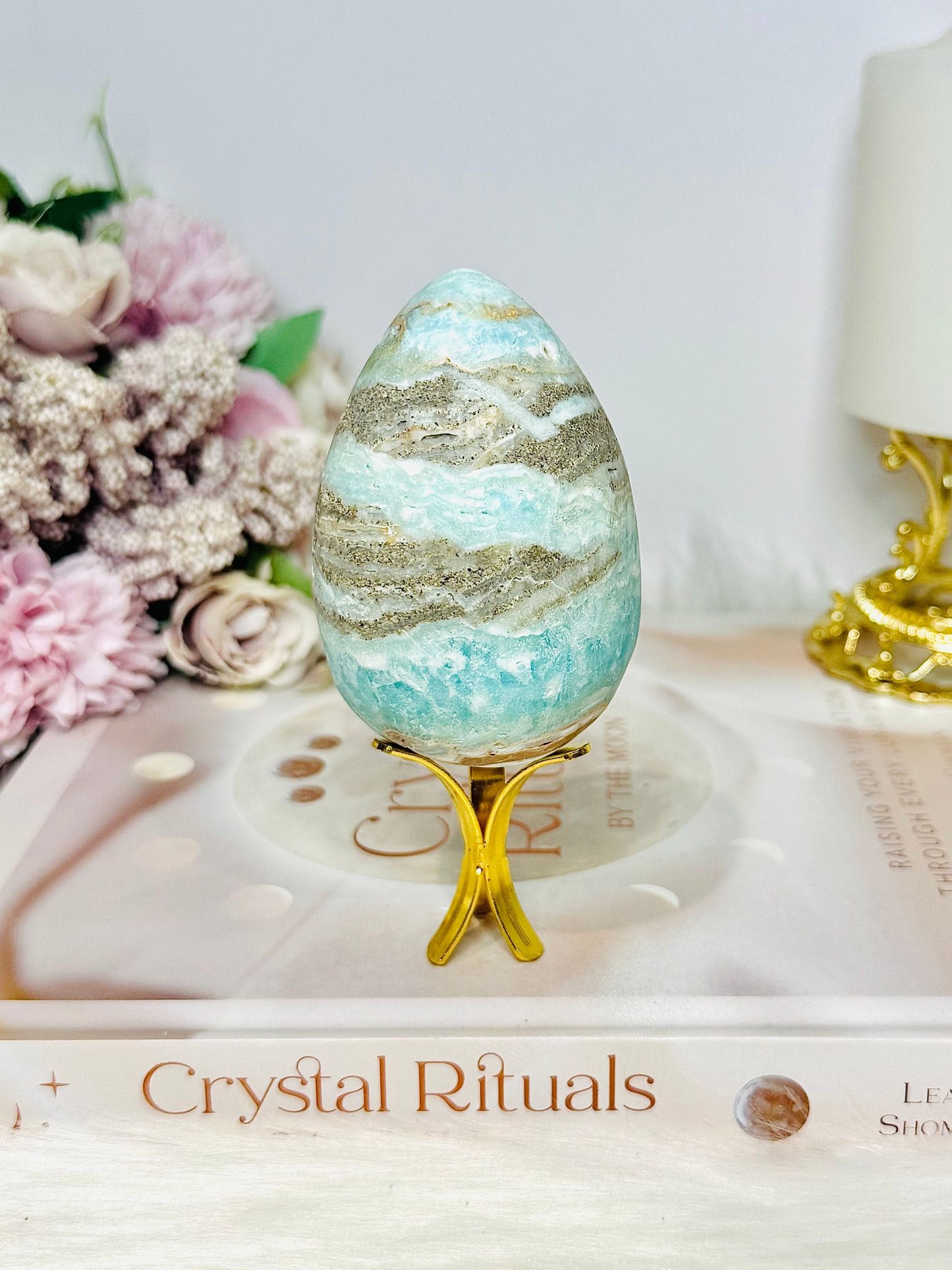 Blue Caribbean Calcite Druzy Egg On Stand 8cm 263g