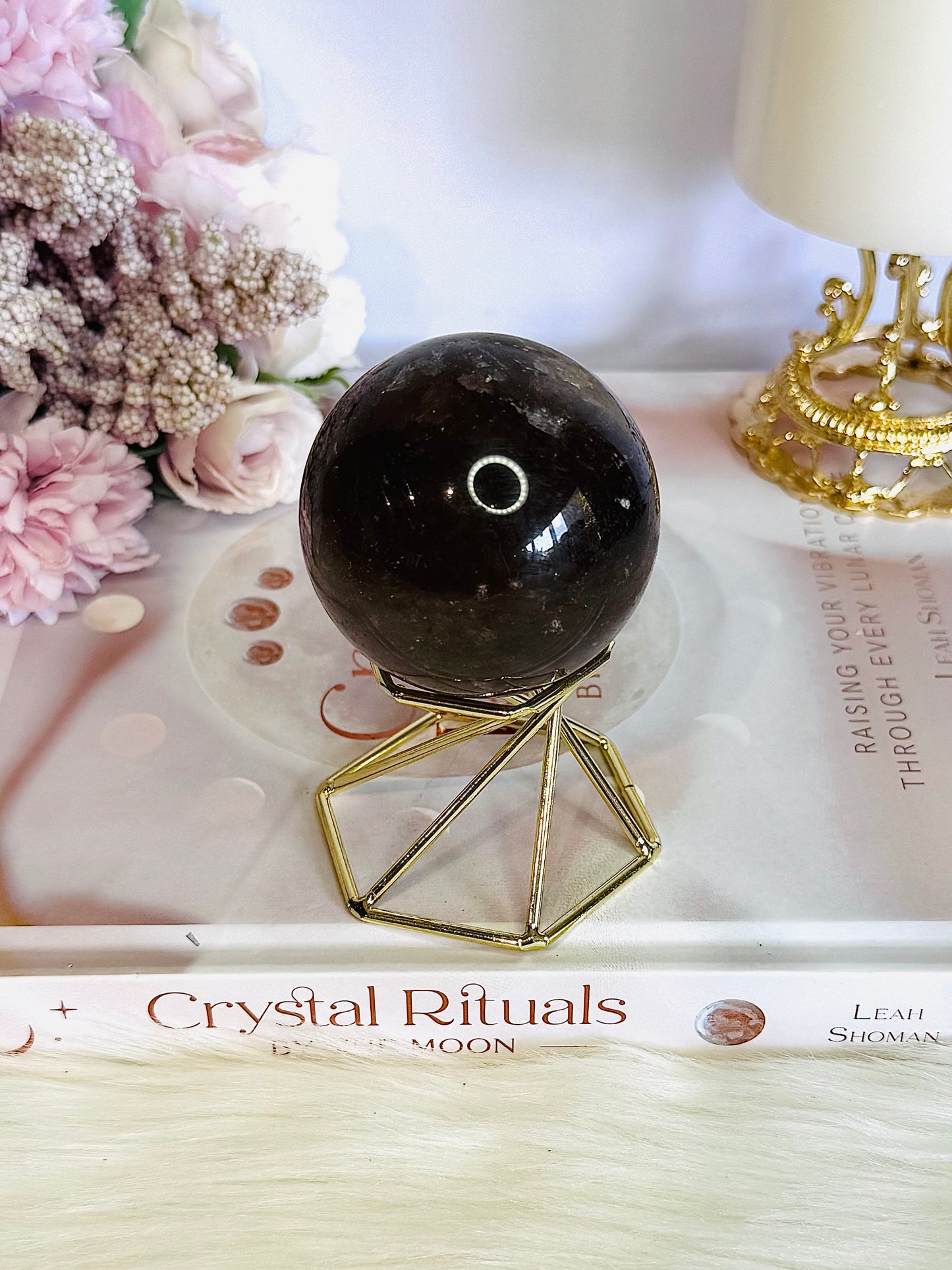 Supports Anxiety & Depression ~ Smokey Quartz Sphere on Gold Stand 10cm