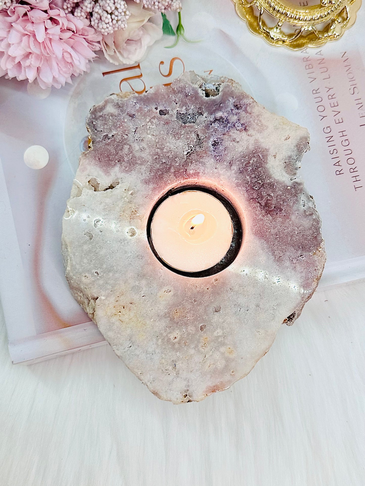 Elegant Pink Amethyst Large Natural Candle Holder 16cm