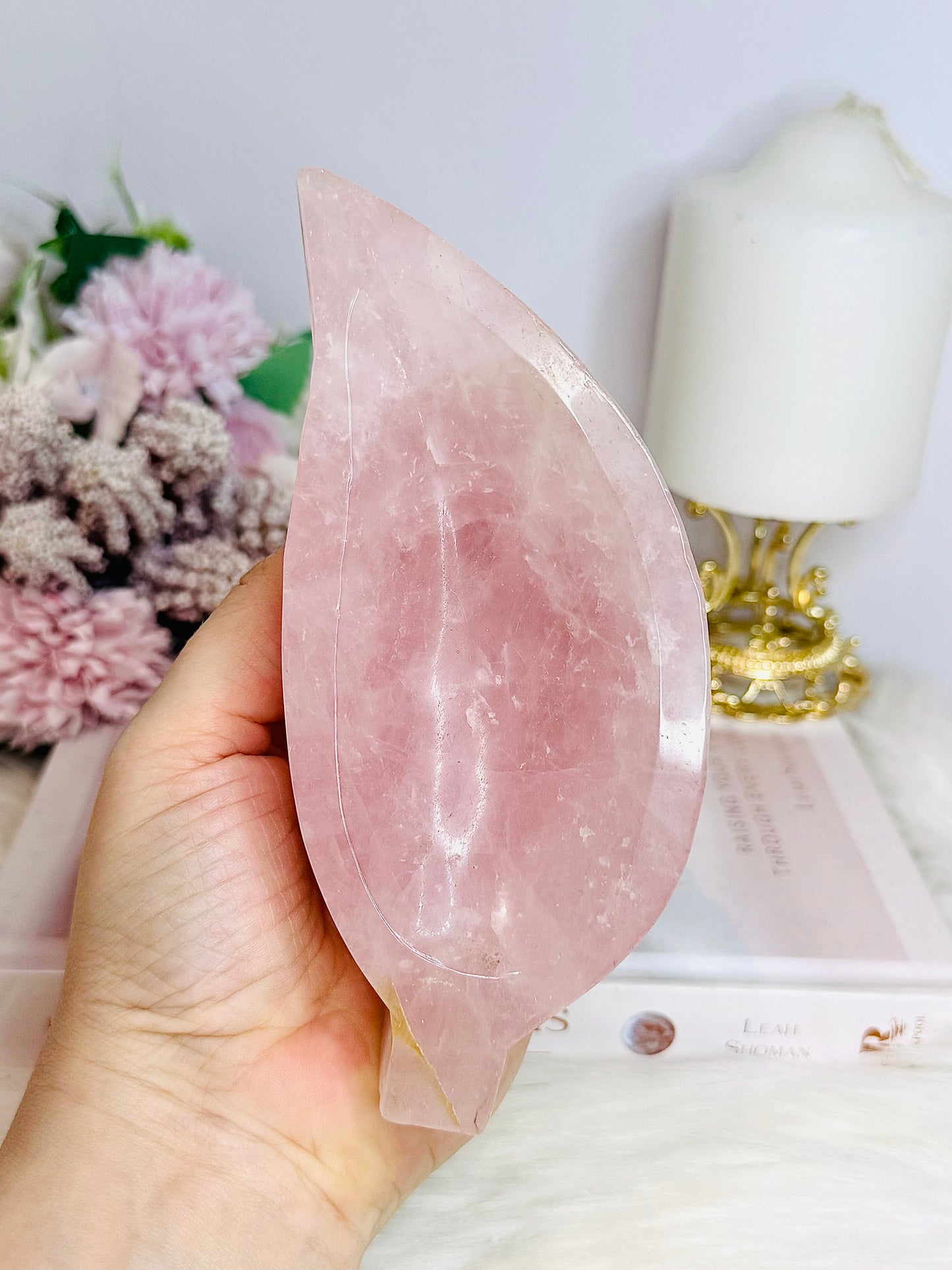 Large Chunky Rose Quartz Carved Leaf Bowl 15cm 410g