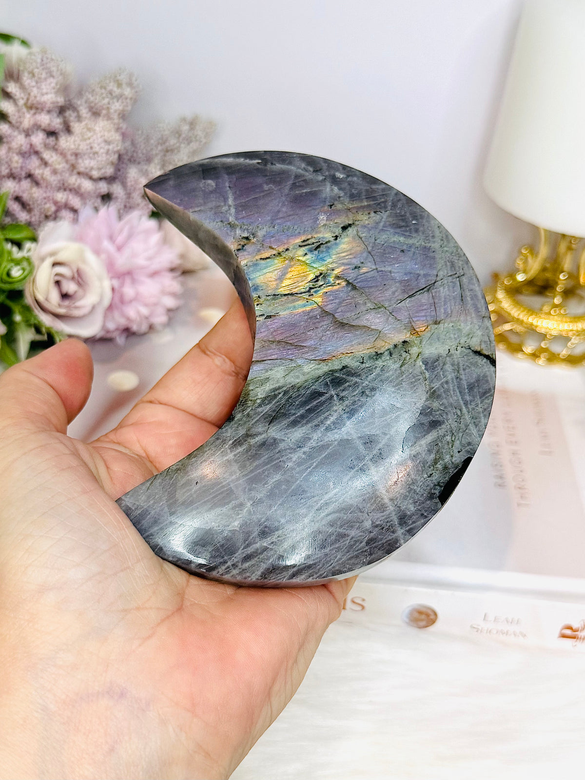 Purple Flash Labradorite Moon on Stand 12cm