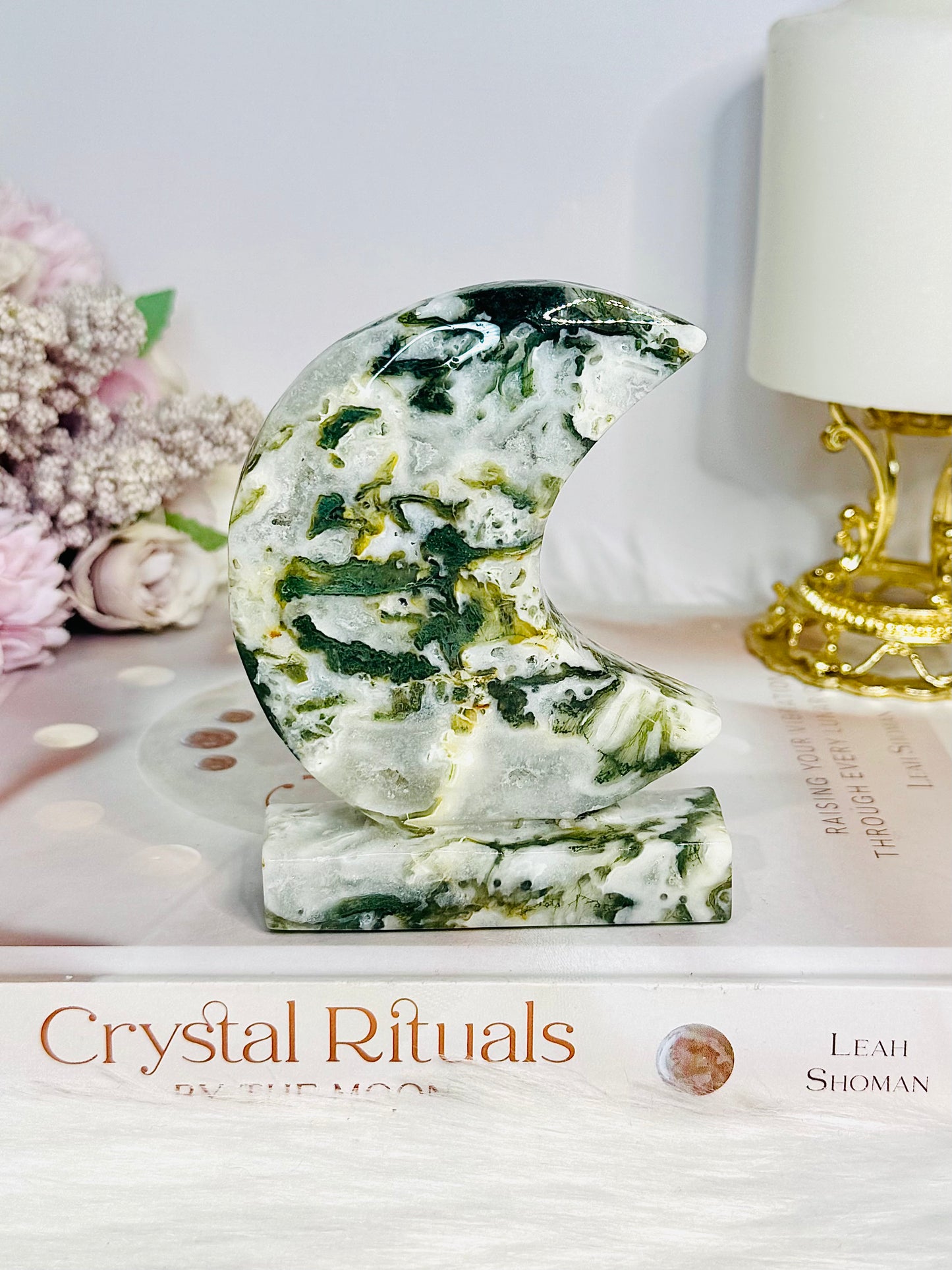 Moss Agate Druzy Moon On Stand 10cm 240g