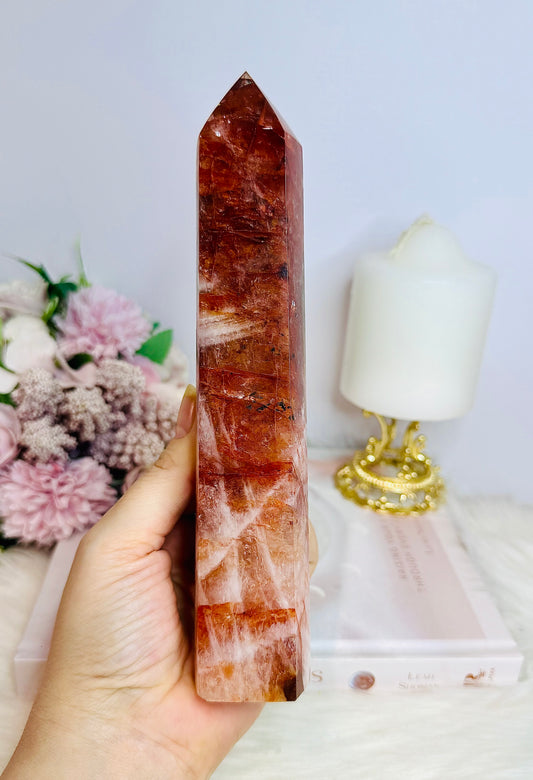 Large Red Fire Quartz Tower 20.5cm with Rainbows