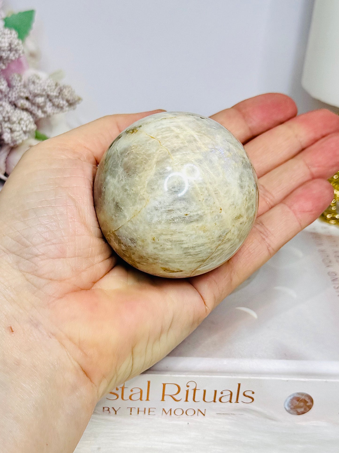 Moonstone Sphere with Blue Flash On Stand 274g