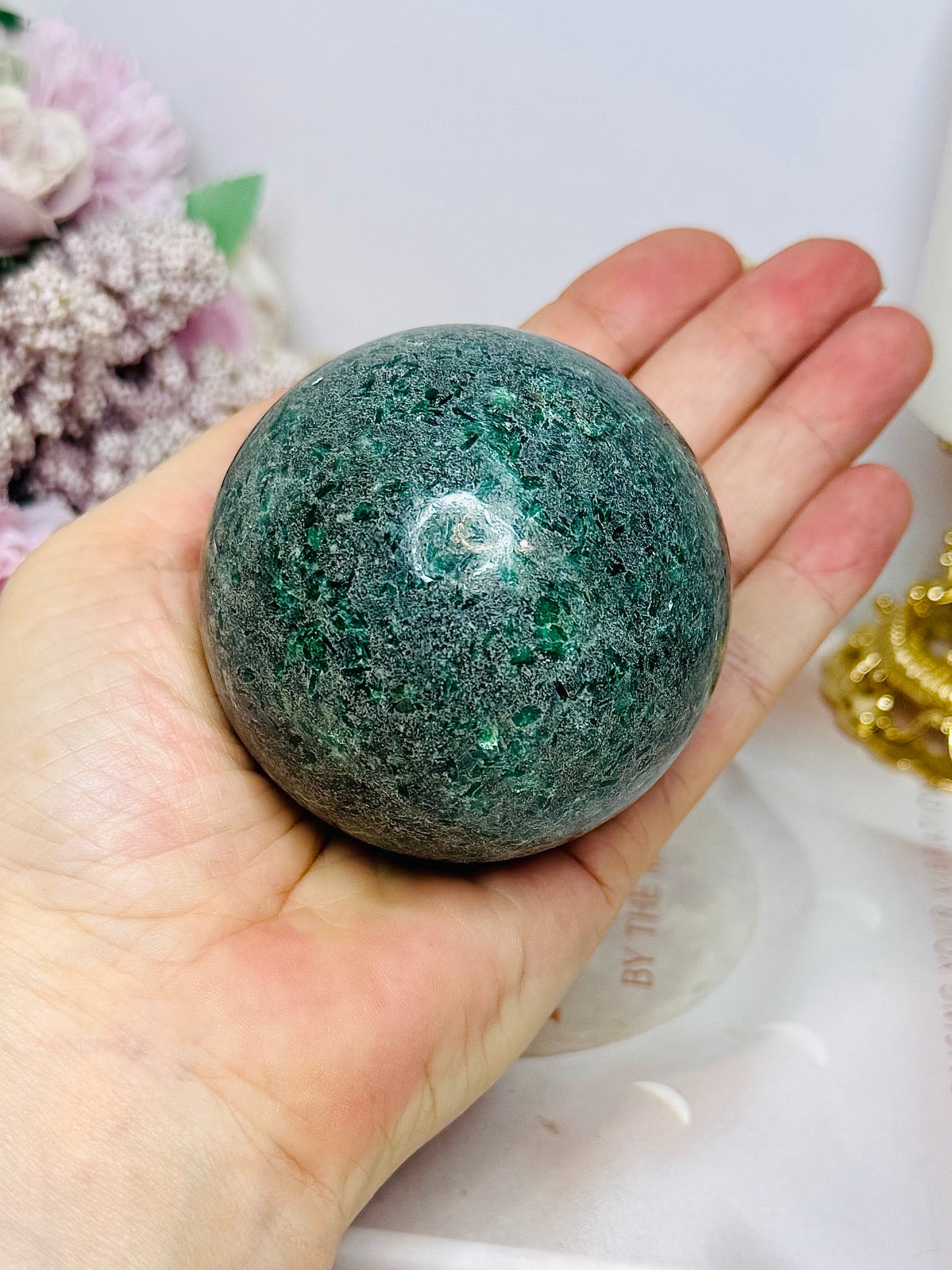 Large Green Fuchsite Sphere on Stand 380g