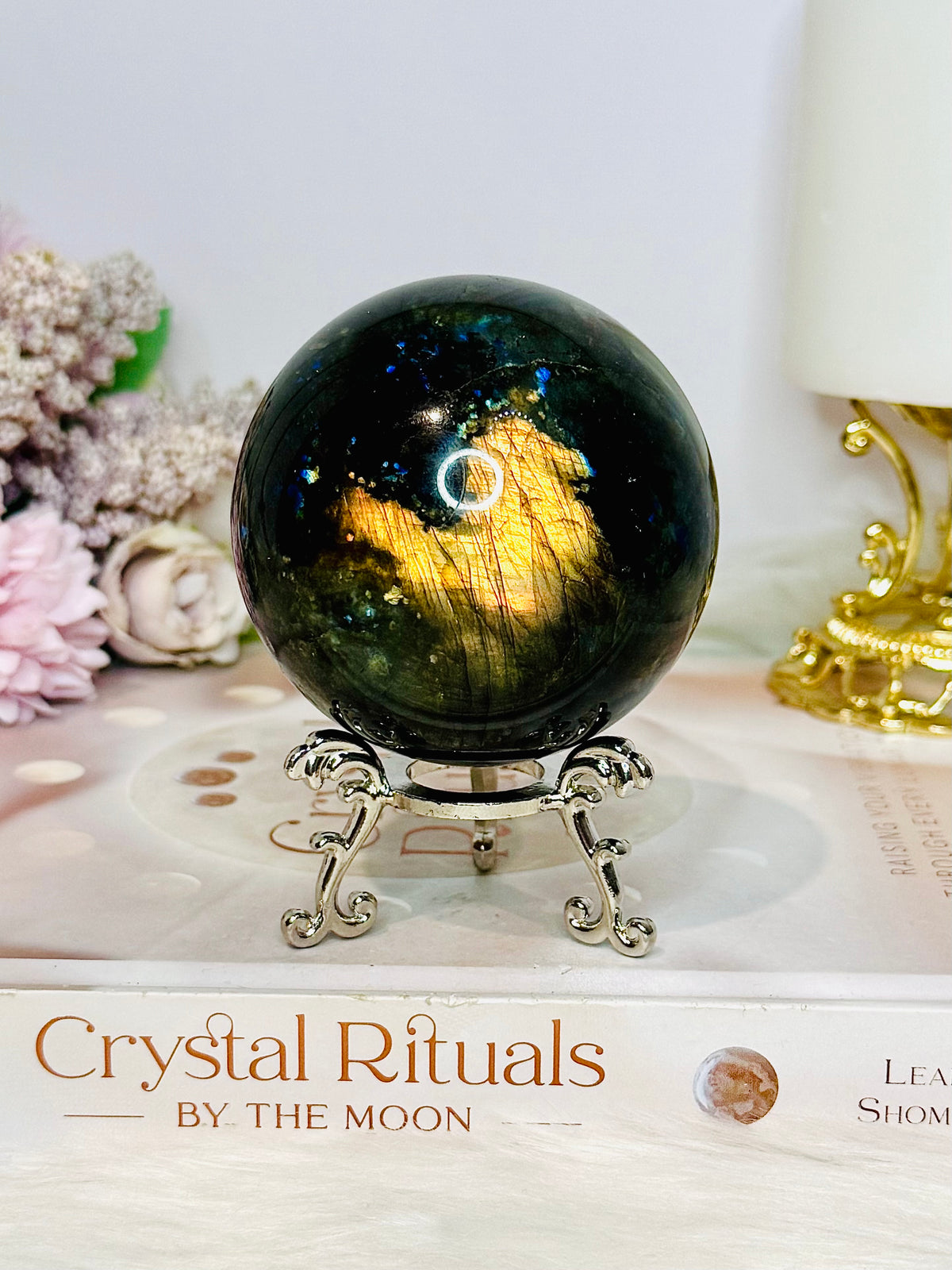 Large Labradorite Sphere 449g On Silver Stand (stand used in pic is display only)