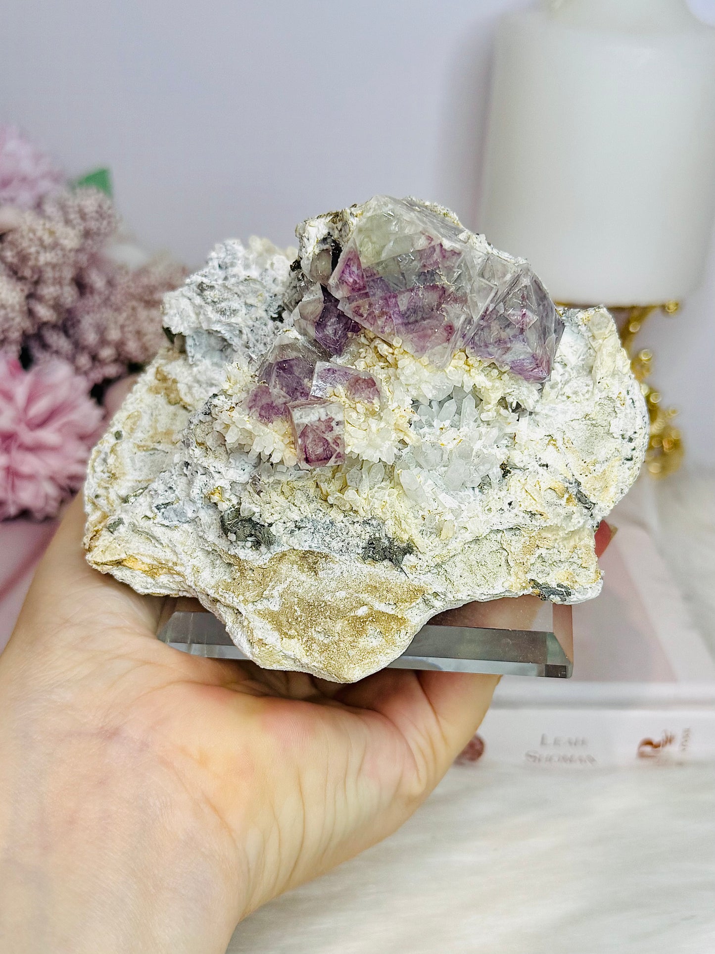 ✨ A Collectors Piece ✨ Natural Cubed Fluorite On Matrix Specimen From Mexico 703grams ~ Specimen is on Glass Stand