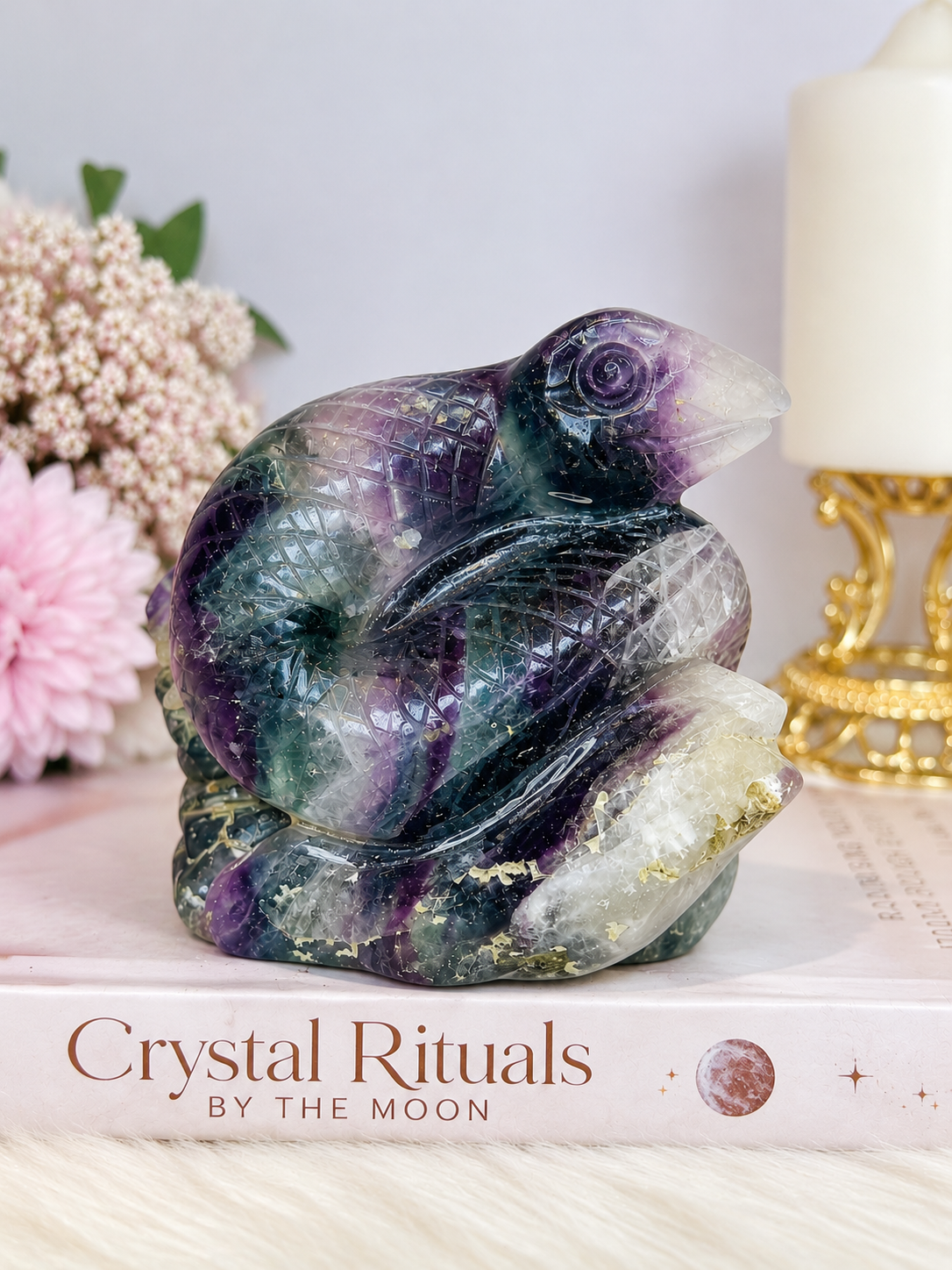 Rainbow Fluorite Carved Snake 662grams