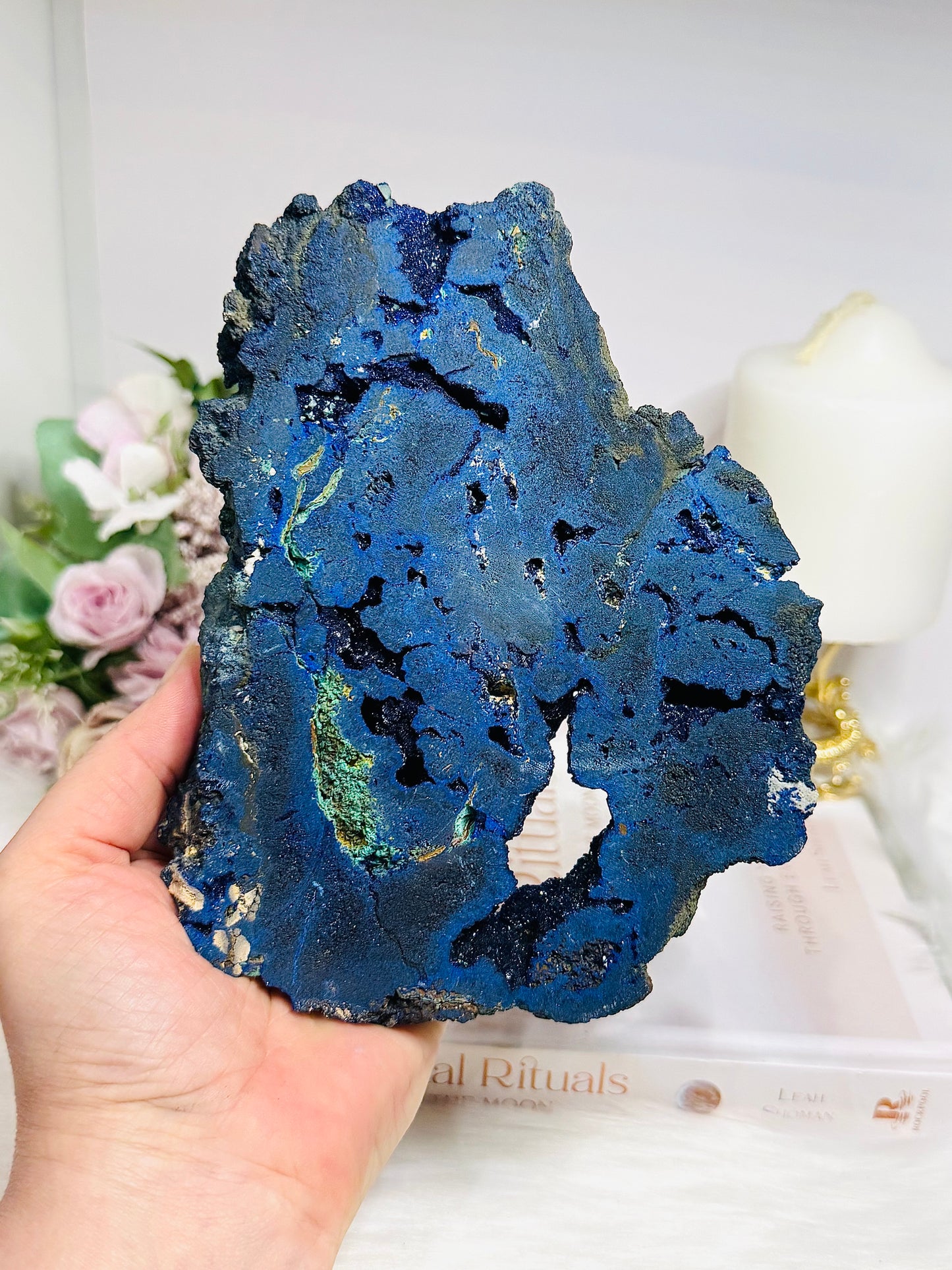 High Grade Azurite Slab with Malachite Inclusions on Stand 693g