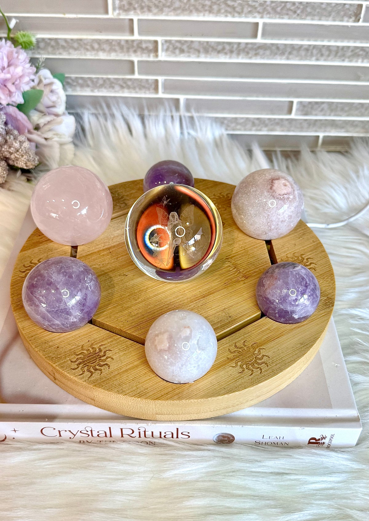 Feminine Energy ~ Large Light Stand 20cm with Glass Fairy Sphere, 3 Amethyst Spheres, Rose Quartz Sphere & 2 Pink Amethyst Spheres