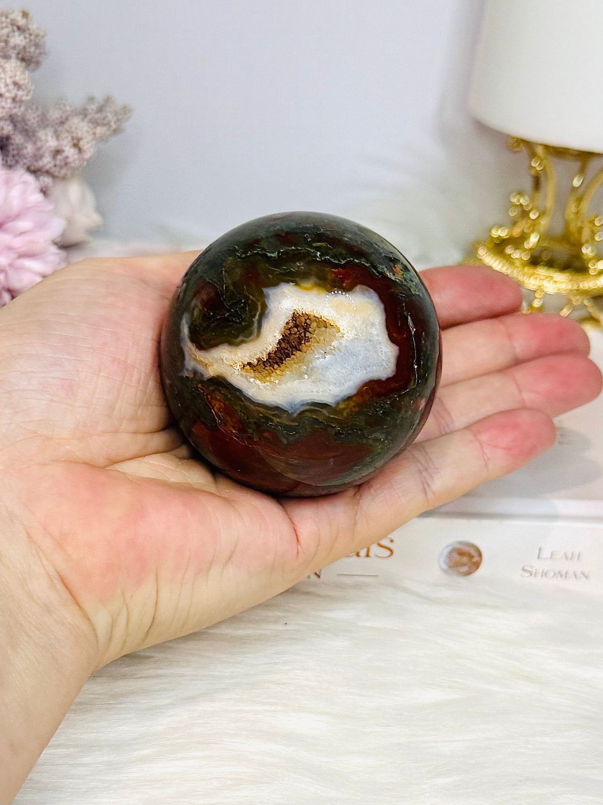 Druzy Red Moss Agate Sphere on Stand 303g