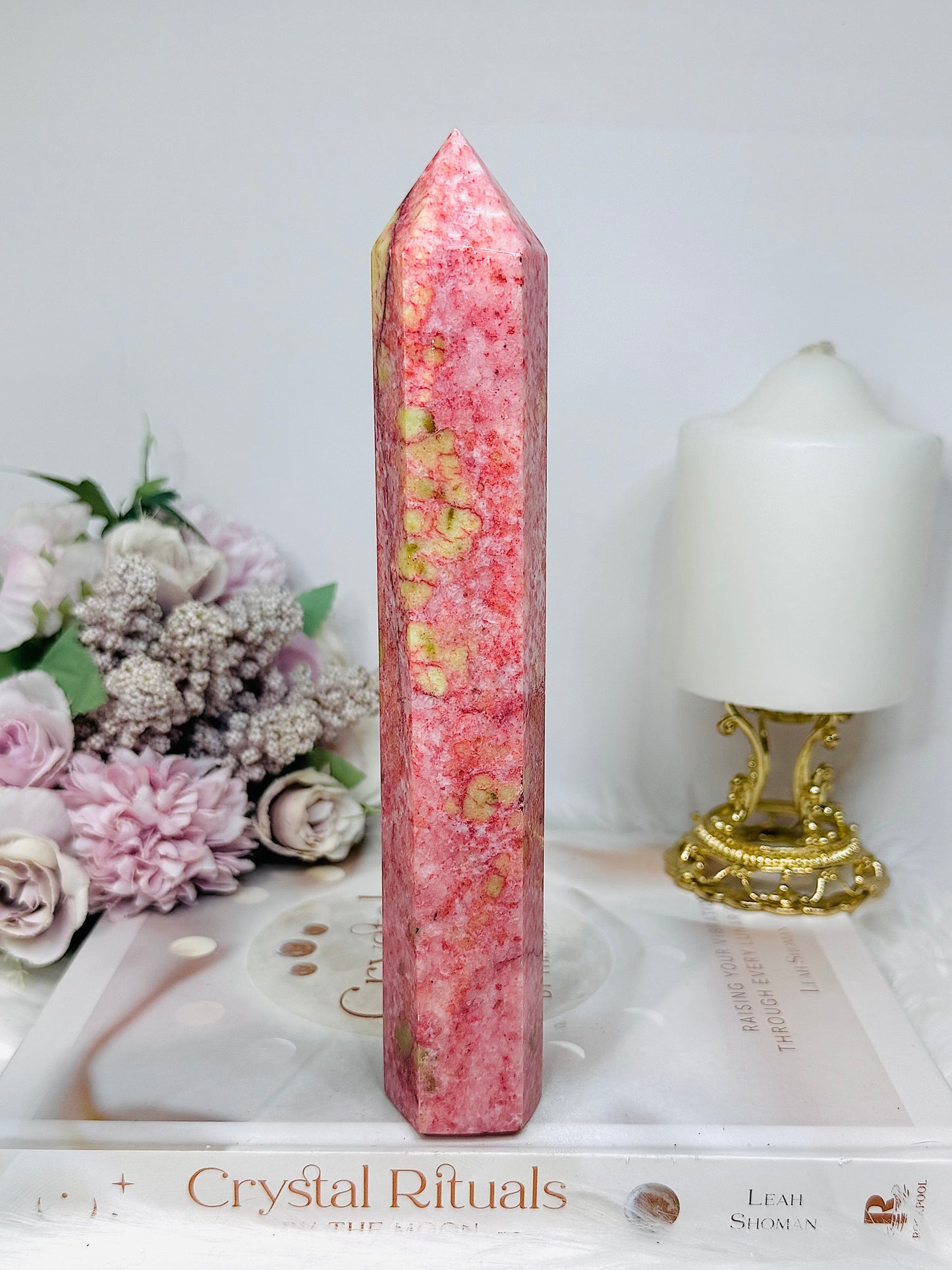 Rare Large Thulite Tower with Epidote Inclusions 20cm