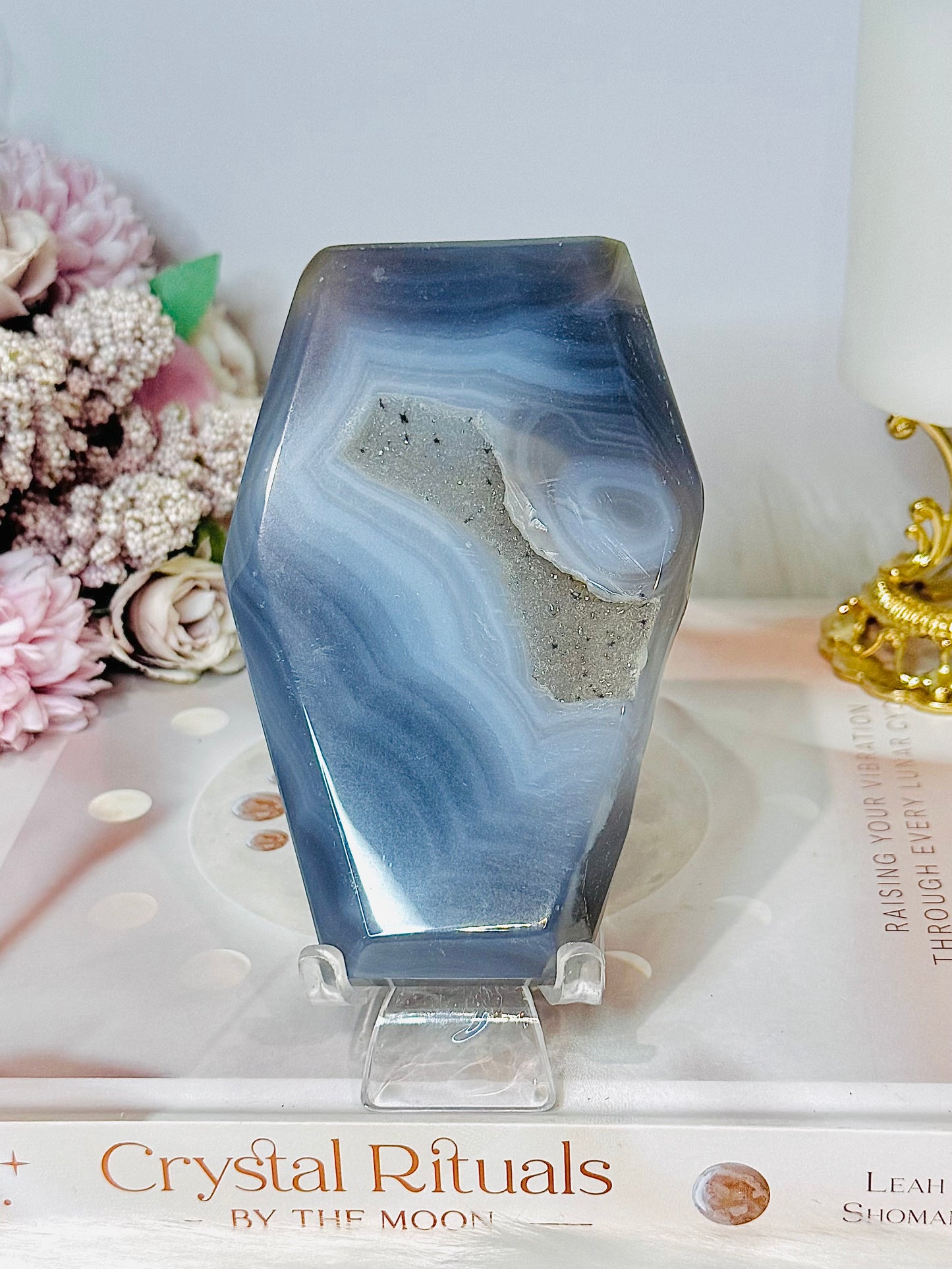 Druzy Agate Carved Coffin 12.5cm On Stand