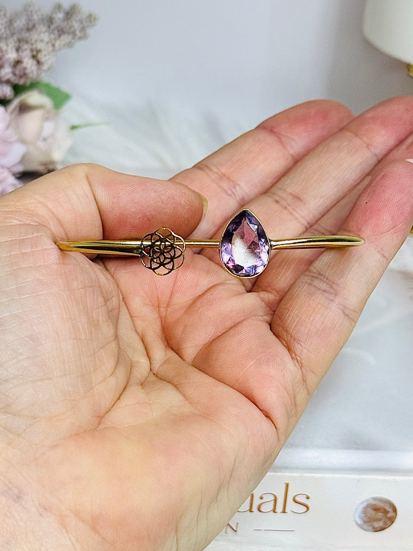 Brass & Amethyst Flower of Life Bangle