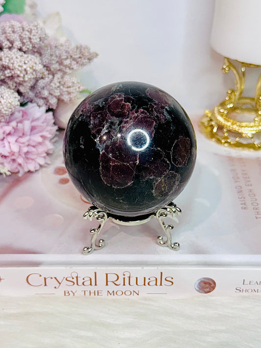 Large Garnet In Astrophyllite Sphere on Stand 532grams