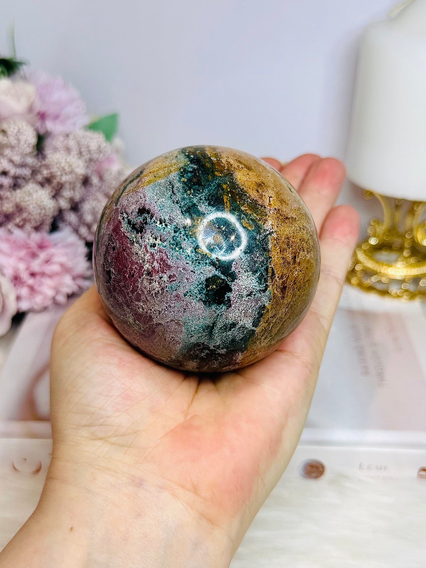 Large Ocean Jasper Sphere On Stand 516g