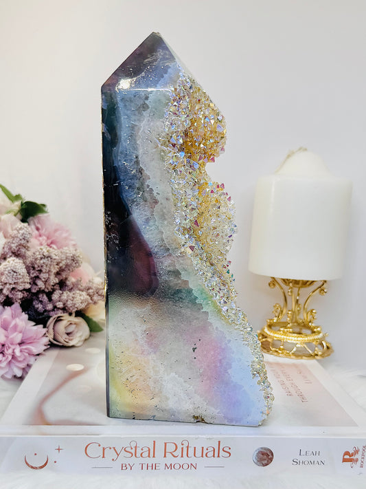 She is INCREDIBLE!! Sparkling Large 21cm Angel Aura Druzy Agate Cluster Tower From Brazil (Reduced as tip has a chip)