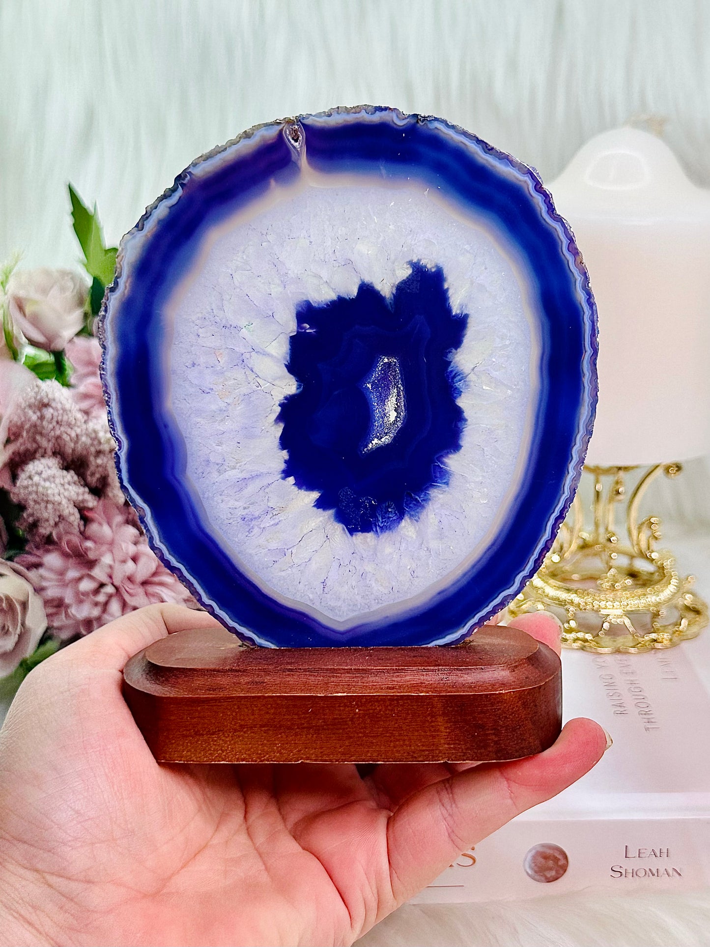Beautiful Large Purple Agate Druzy Slice (dyed) On Timber Stand