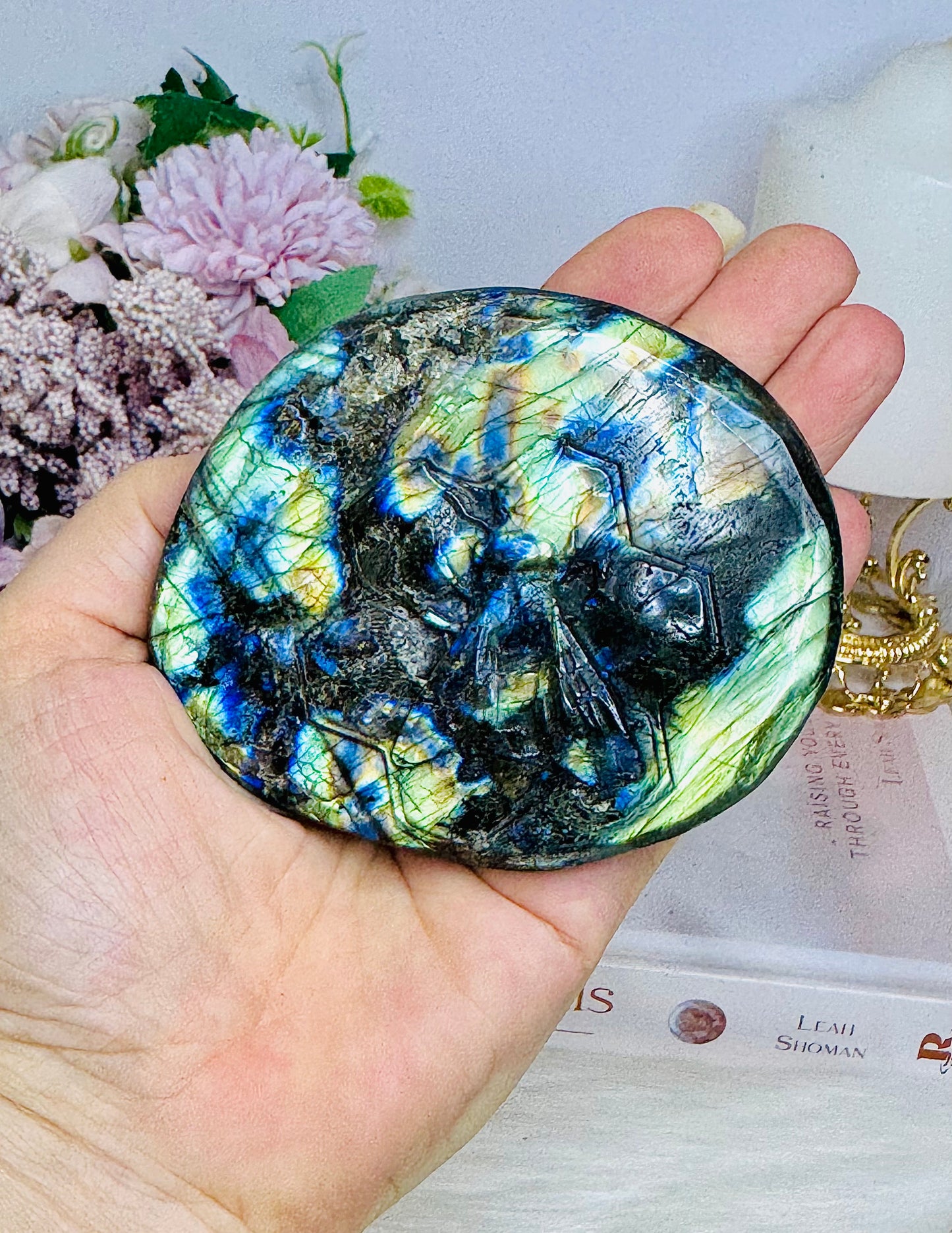 Labradorite Carved Bumble Bee on Honeycomb On Stand 9.5cm